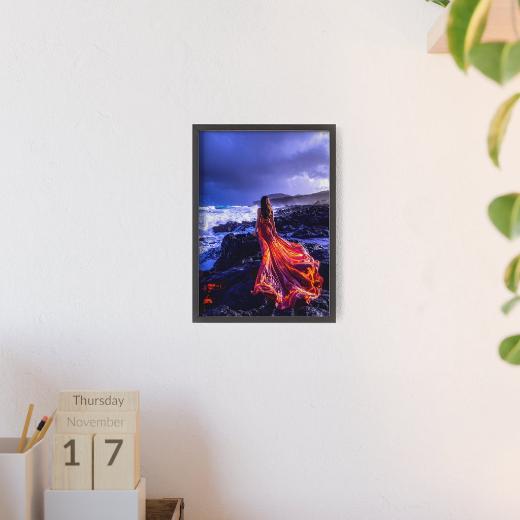 Framed Art Print — Woman in Fiery Red Dress on Rocky Shore (Wooden Frame Poster)