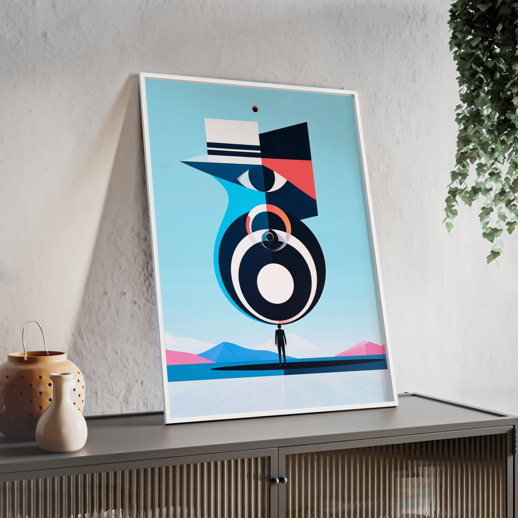 Abstract Geometric Bird Poster with Wooden Frame — Modern Minimalist Wall Art
