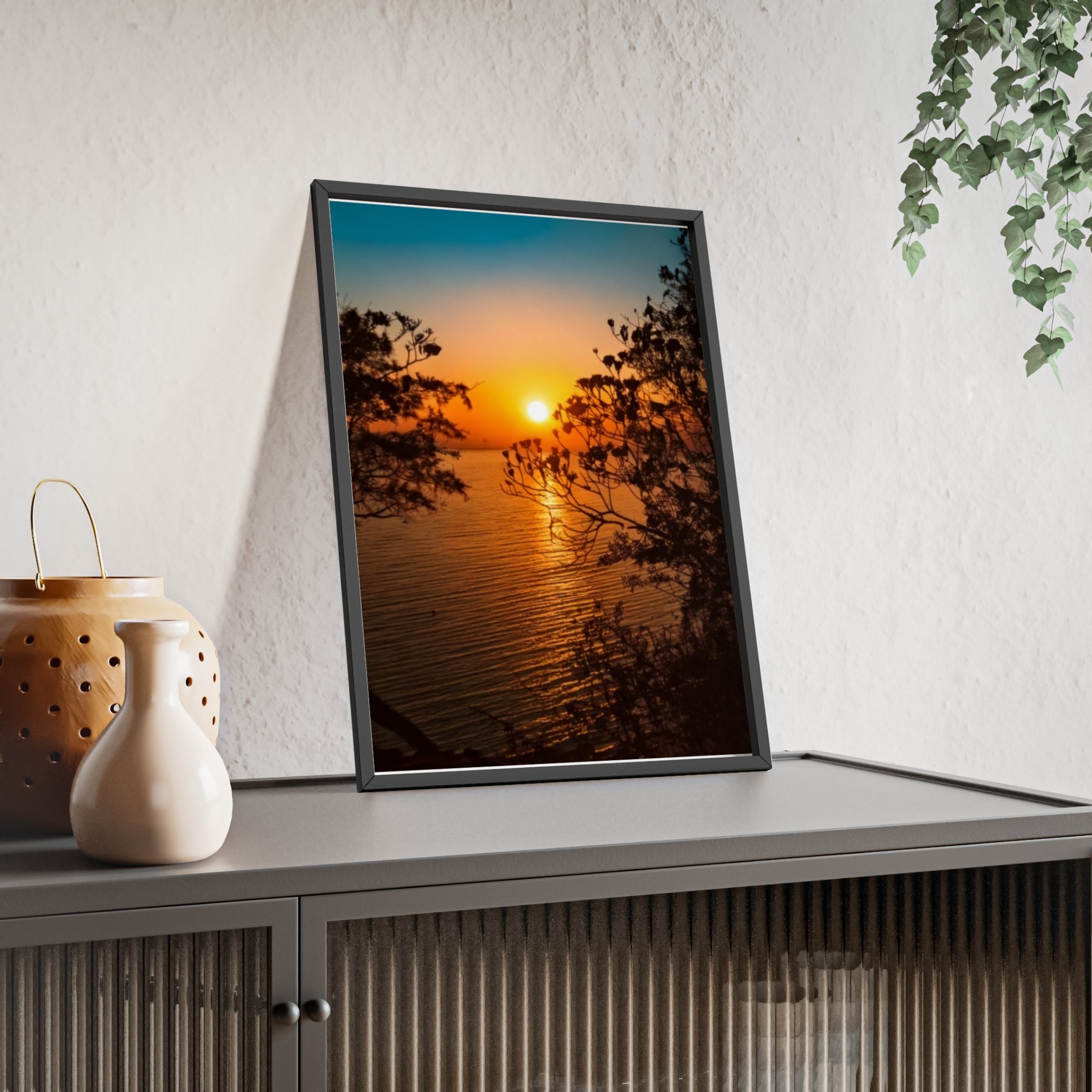 Sunset Coastal Poster with Wooden Frame — Framed Beach Wall Art