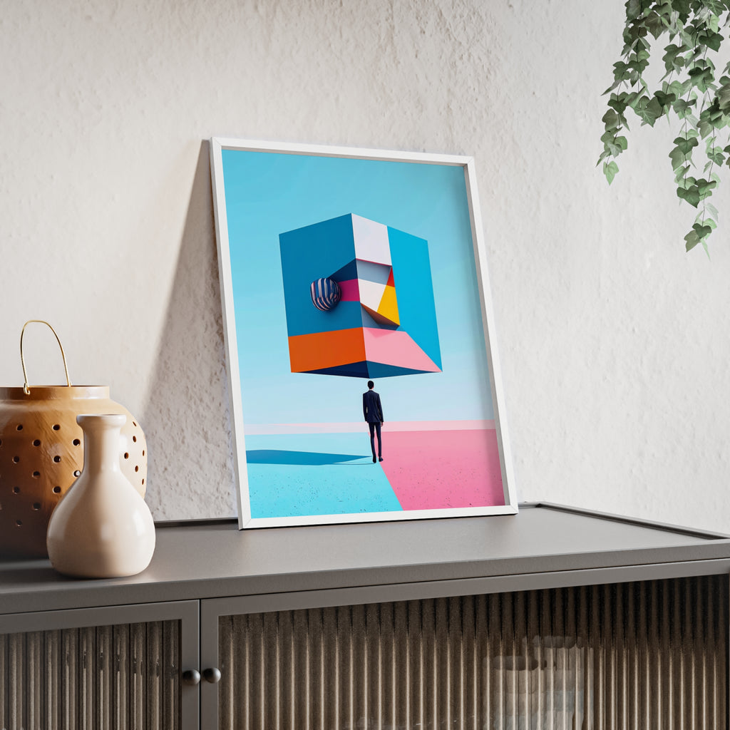 Surreal Geometric Art Poster with Wooden Frame — Modern Minimal Wall Decor