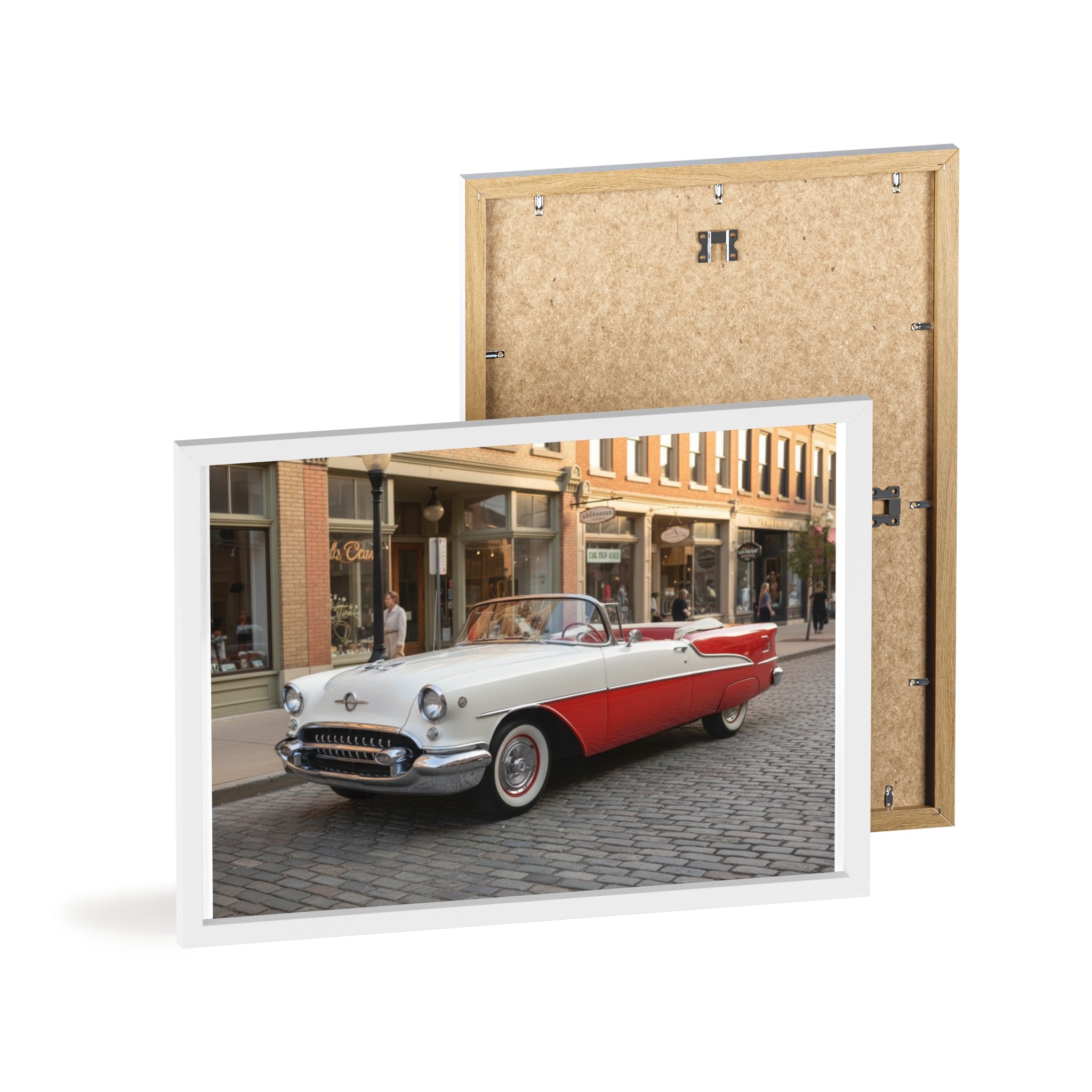 Vintage Red & White Convertible Poster with Wooden Frame — Retro Car Wall Art