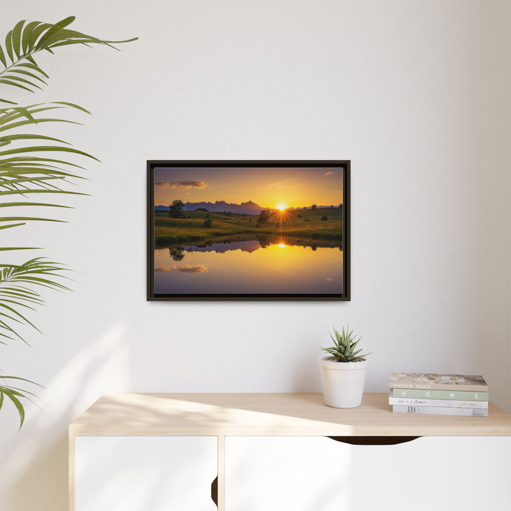 Framed Matte Canvas Sunset Landscape — Serene Lake Reflection Wall Art