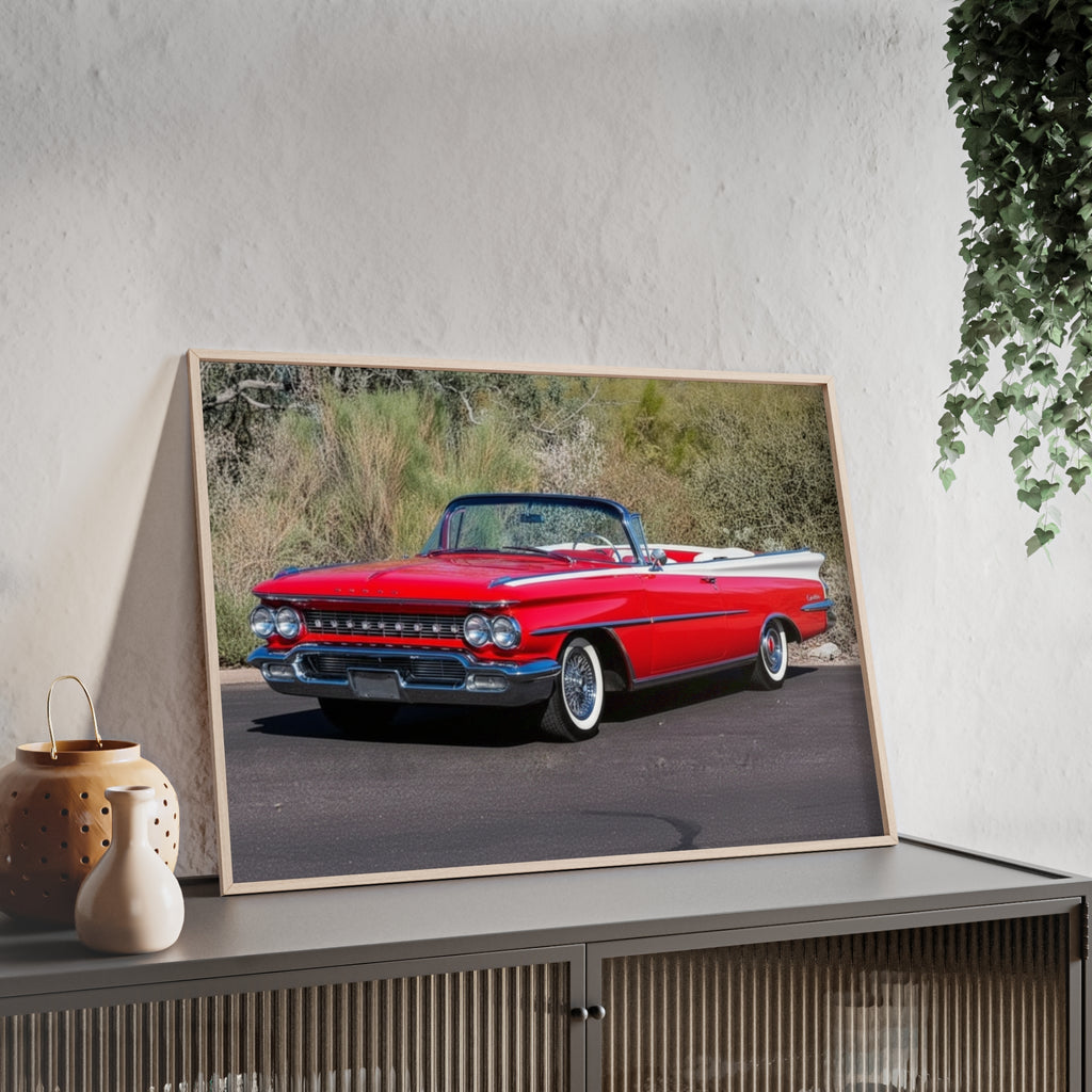 Vintage Red Convertible Car Poster with Wooden Frame — Classic Auto Wall Art