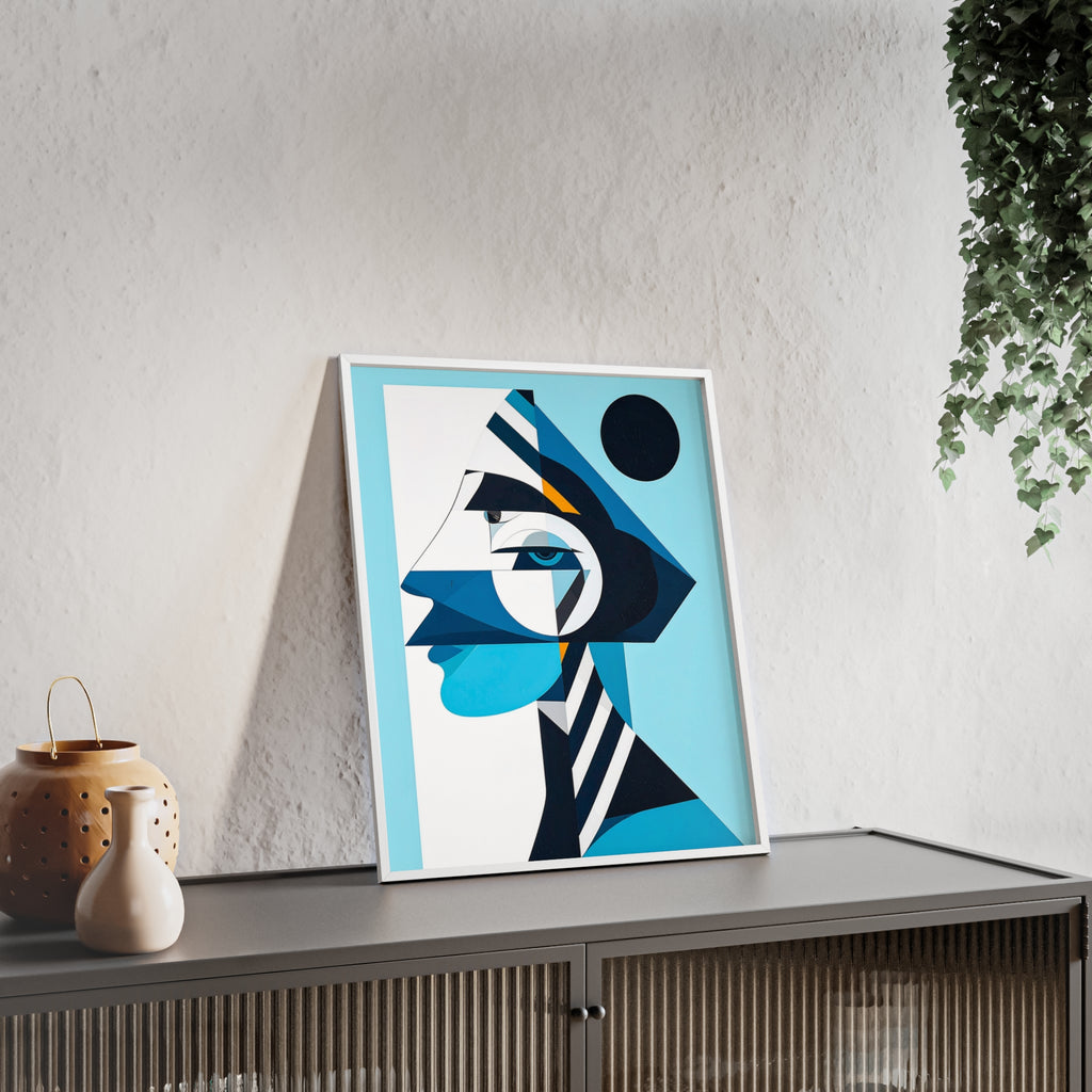 Abstract Geometric Portrait Poster with Wooden Frame — Blue Modern Wall Art