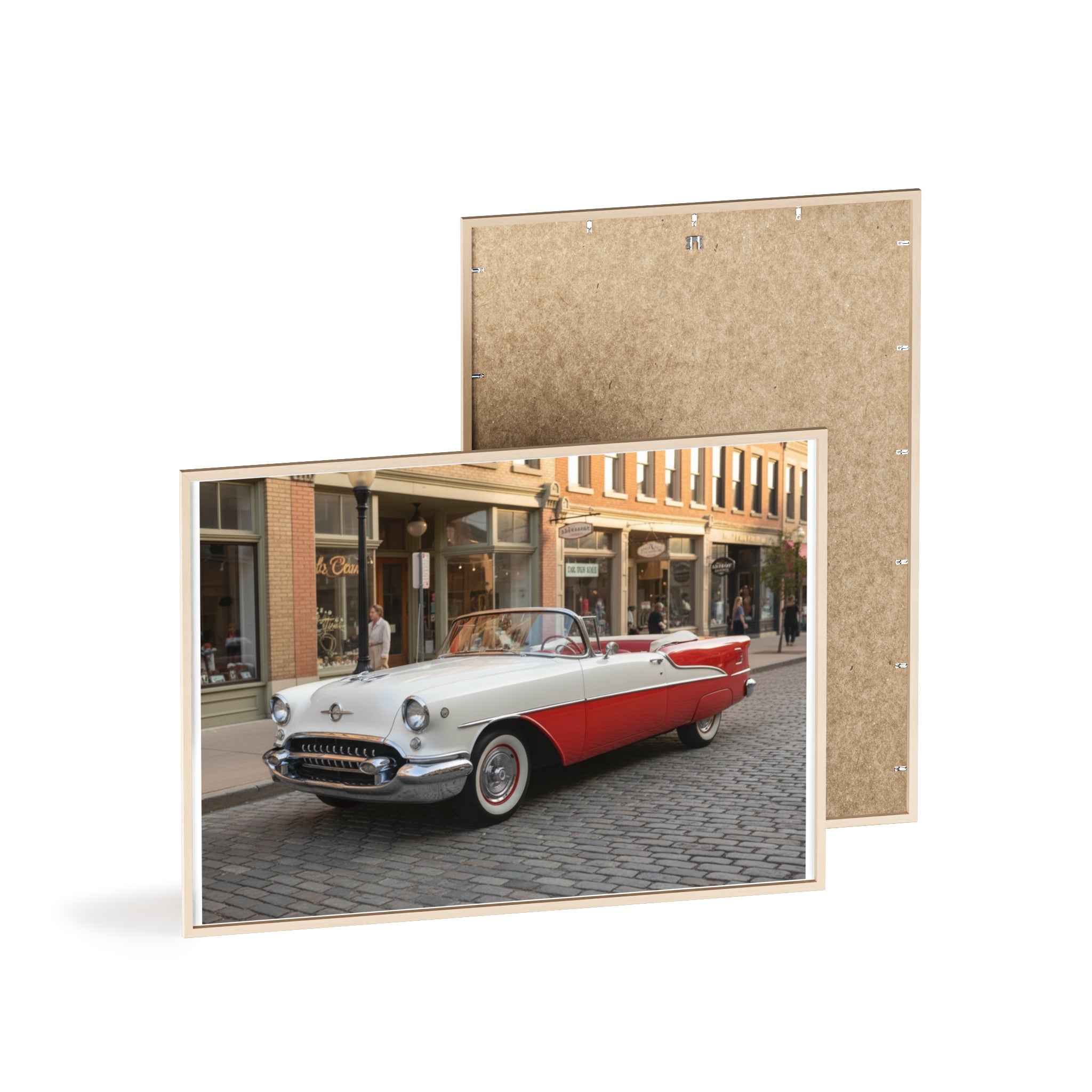 Vintage Red & White Convertible Poster with Wooden Frame — Retro Car Wall Art