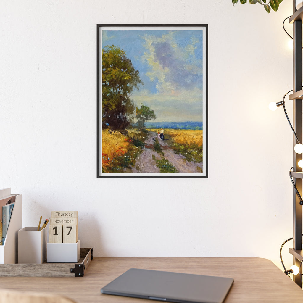Framed Countryside Landscape Poster — Rustic Wooden Frame Wall Art