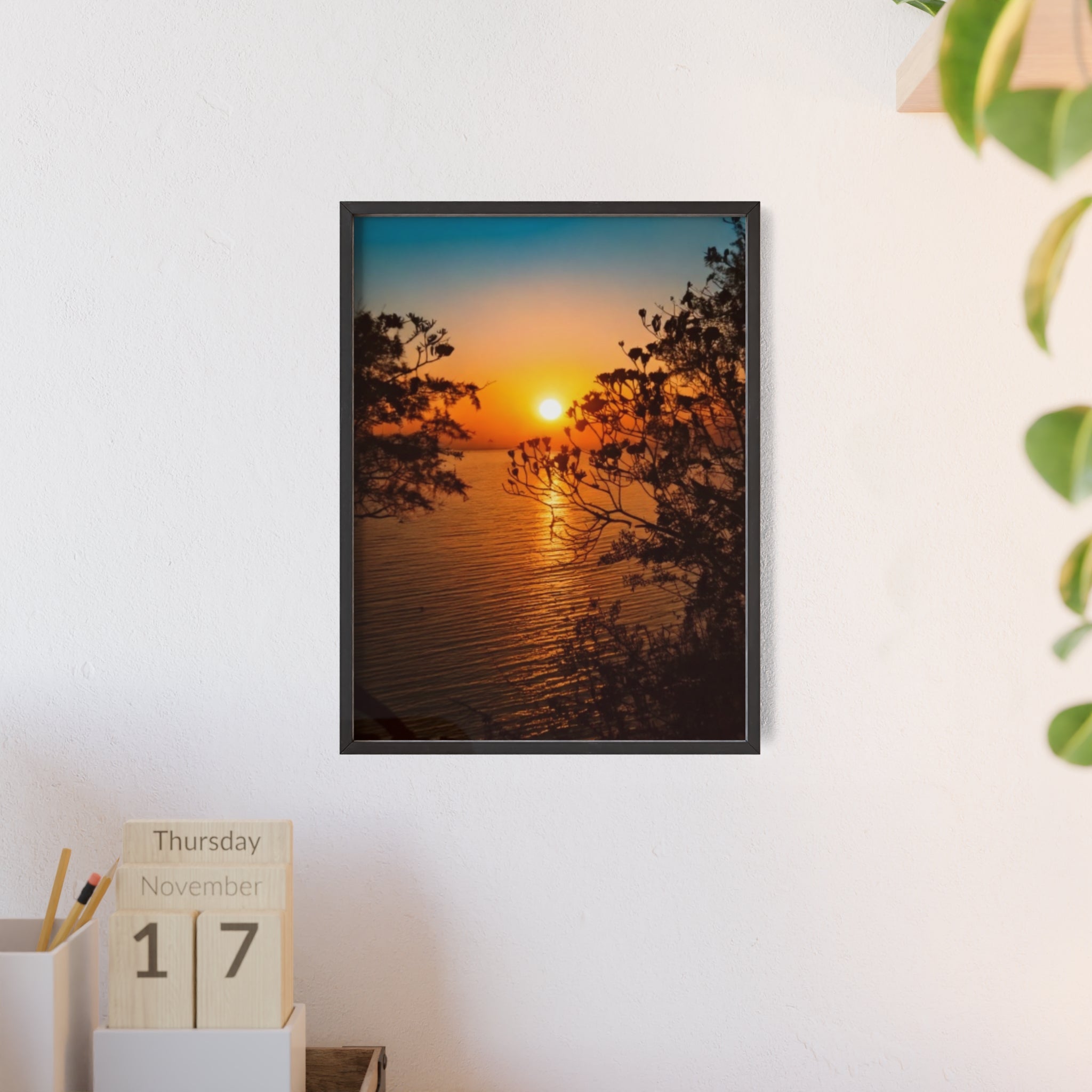 Sunset Coastal Poster with Wooden Frame — Framed Beach Wall Art