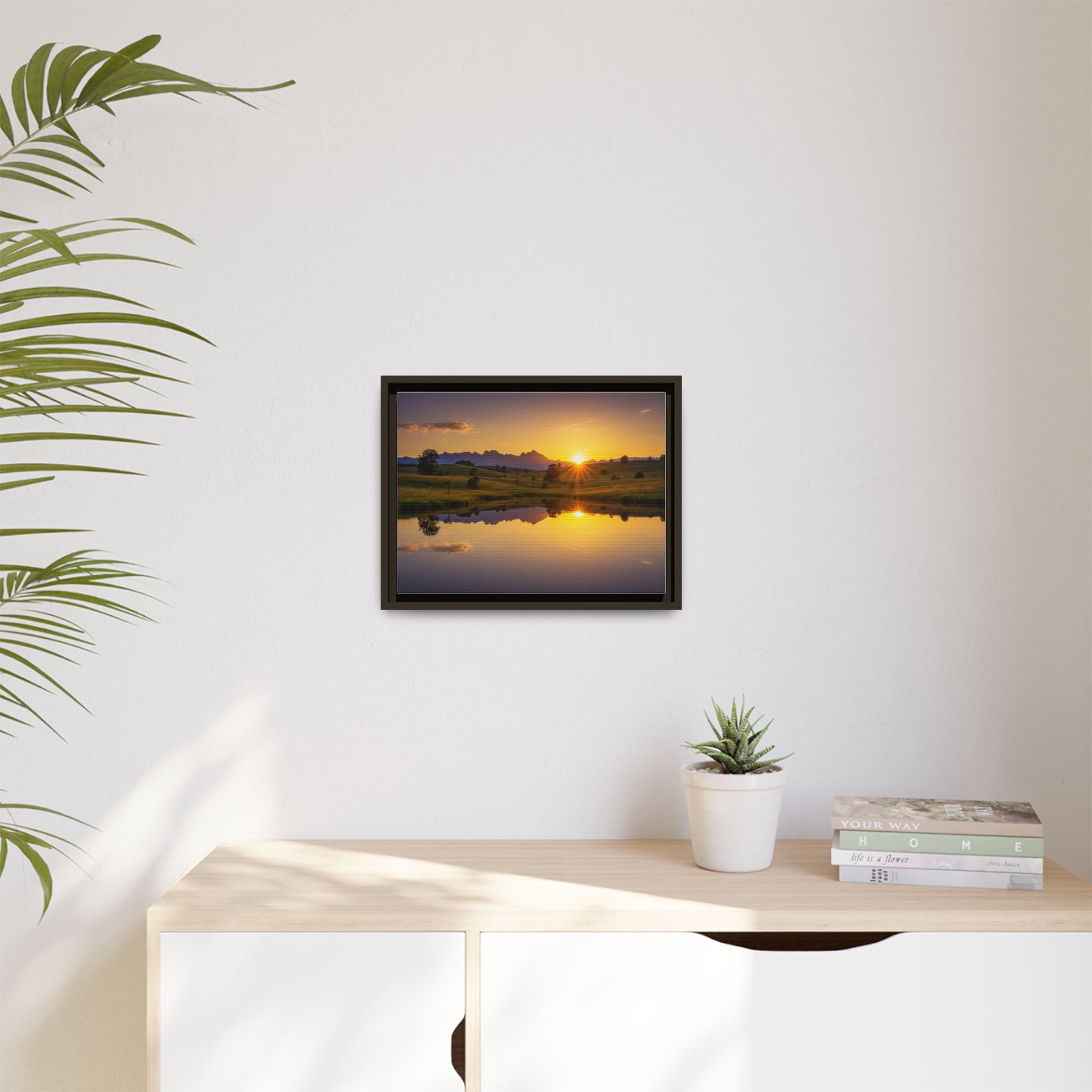 Framed Matte Canvas Sunset Landscape — Serene Lake Reflection Wall Art