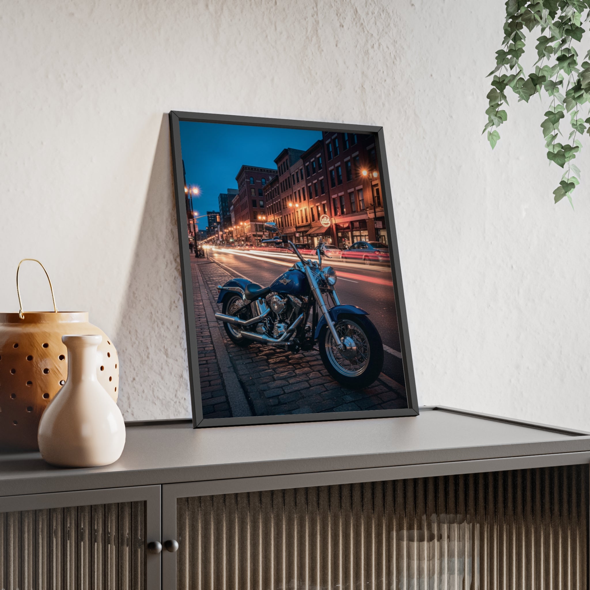 Framed Motorcycle Poster — Night City Street Bike Wall Art