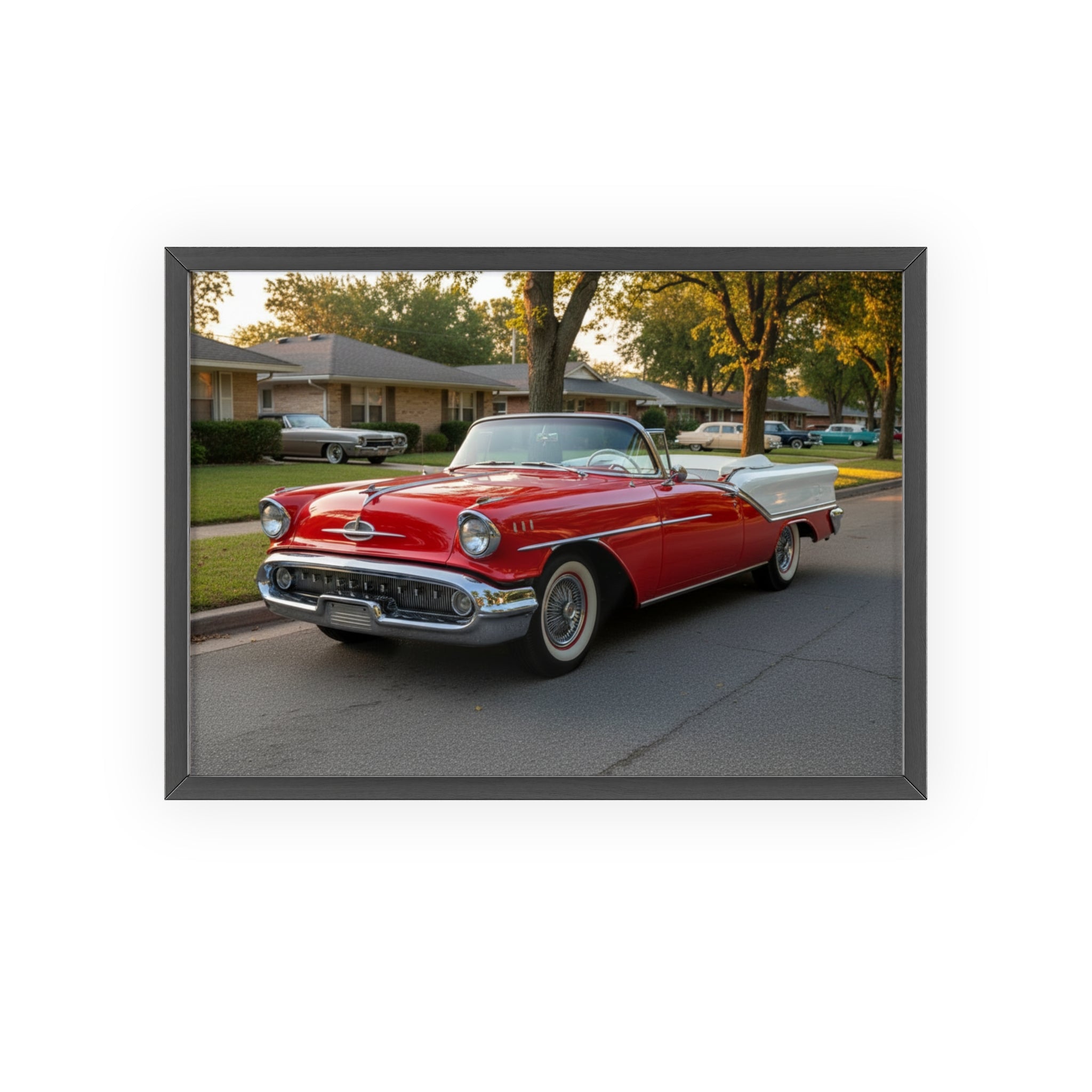 Vintage Red Convertible Poster with Wooden Frame — Classic Car Wall Art