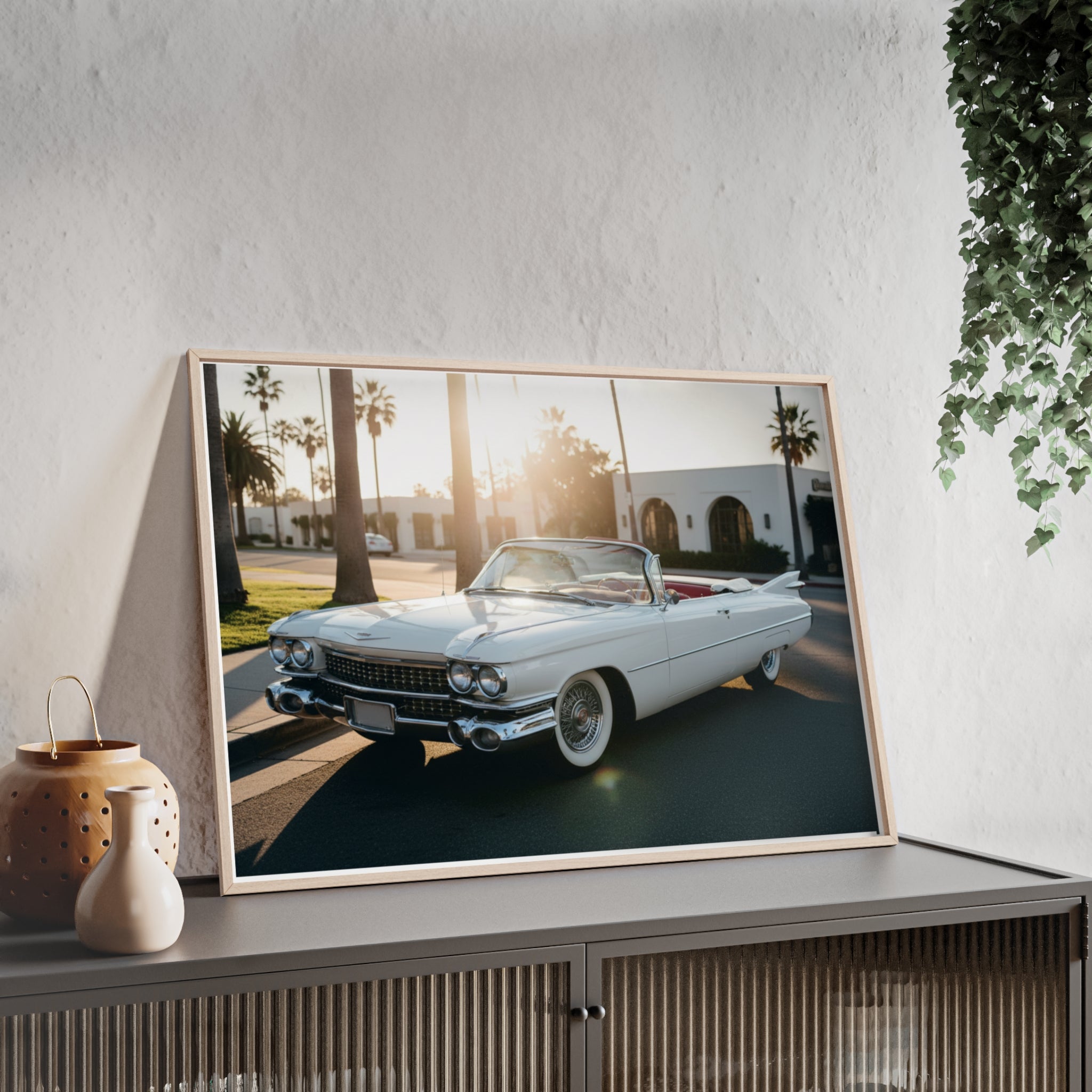 Vintage Cadillac Convertible Poster with Wooden Frame — Retro Palm Trees Sunset Wall Art