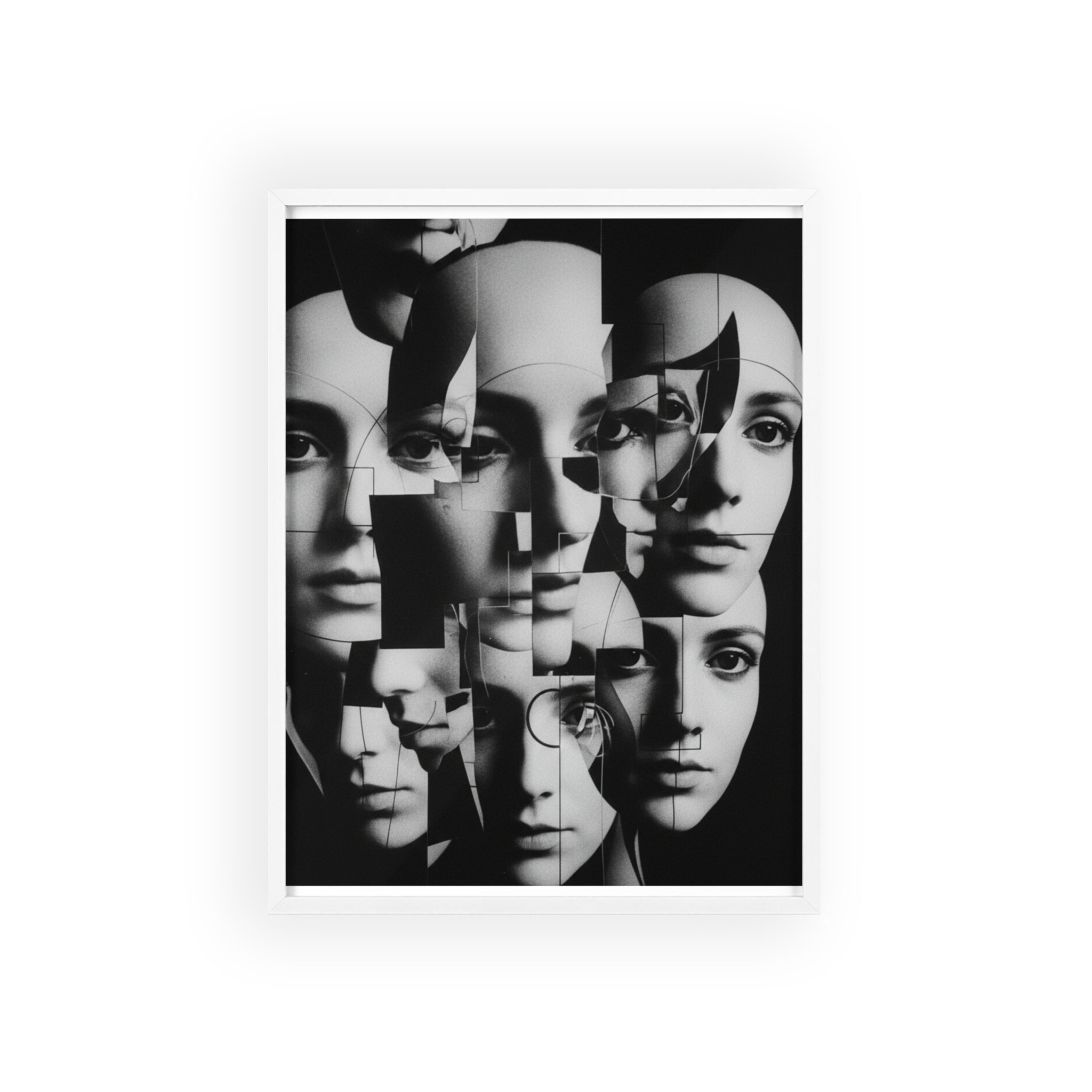 Surreal Multi-Face Black & White Poster — Framed Wooden Art Print