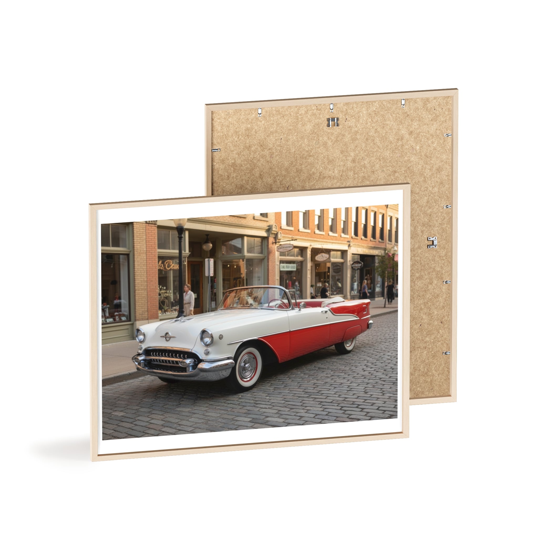 Vintage Red & White Convertible Poster with Wooden Frame — Retro Car Wall Art