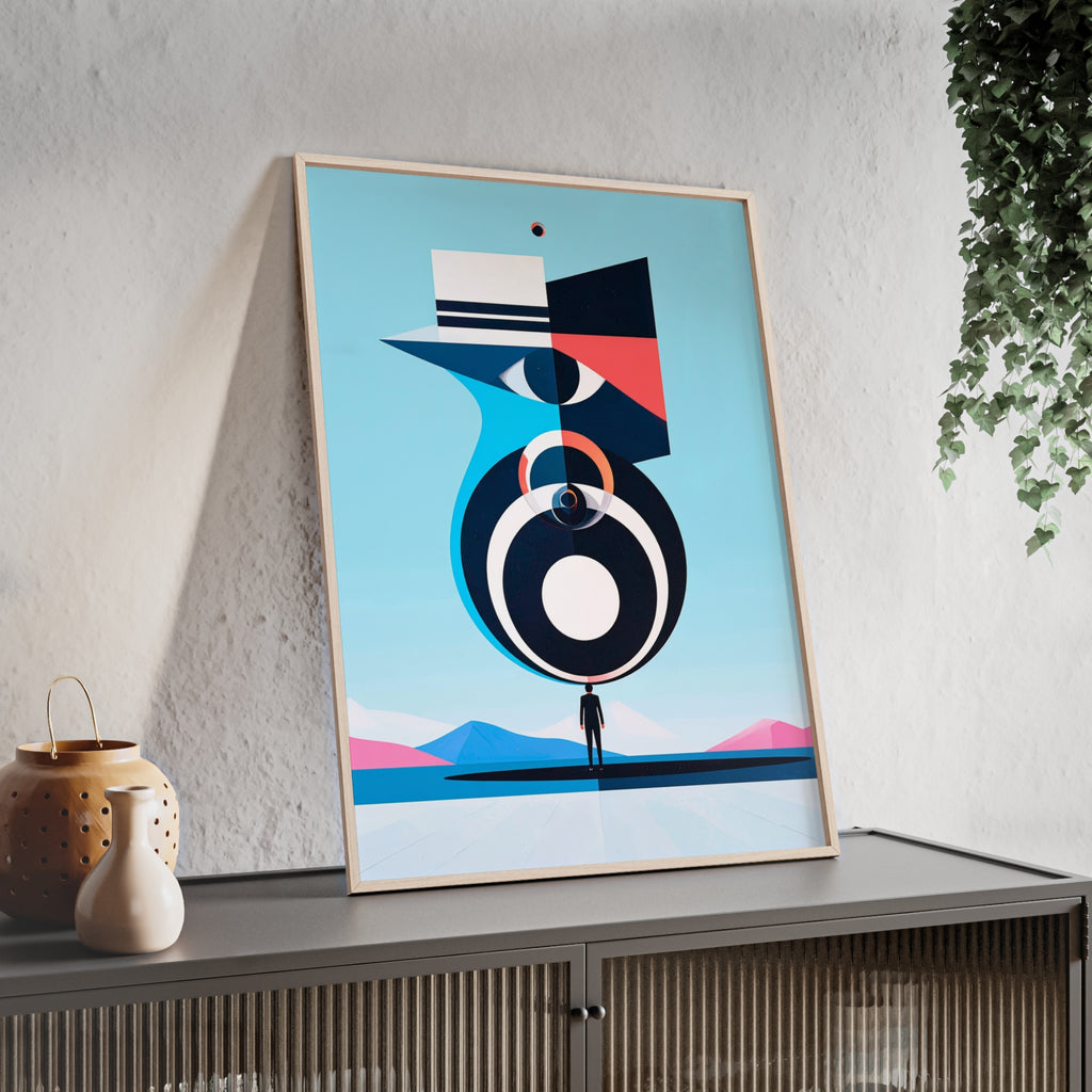 Abstract Geometric Bird Poster with Wooden Frame — Modern Minimalist Wall Art