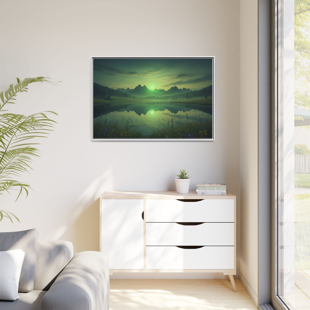 Framed Matte Canvas Print — Serene Green Mountain Lake Landscape