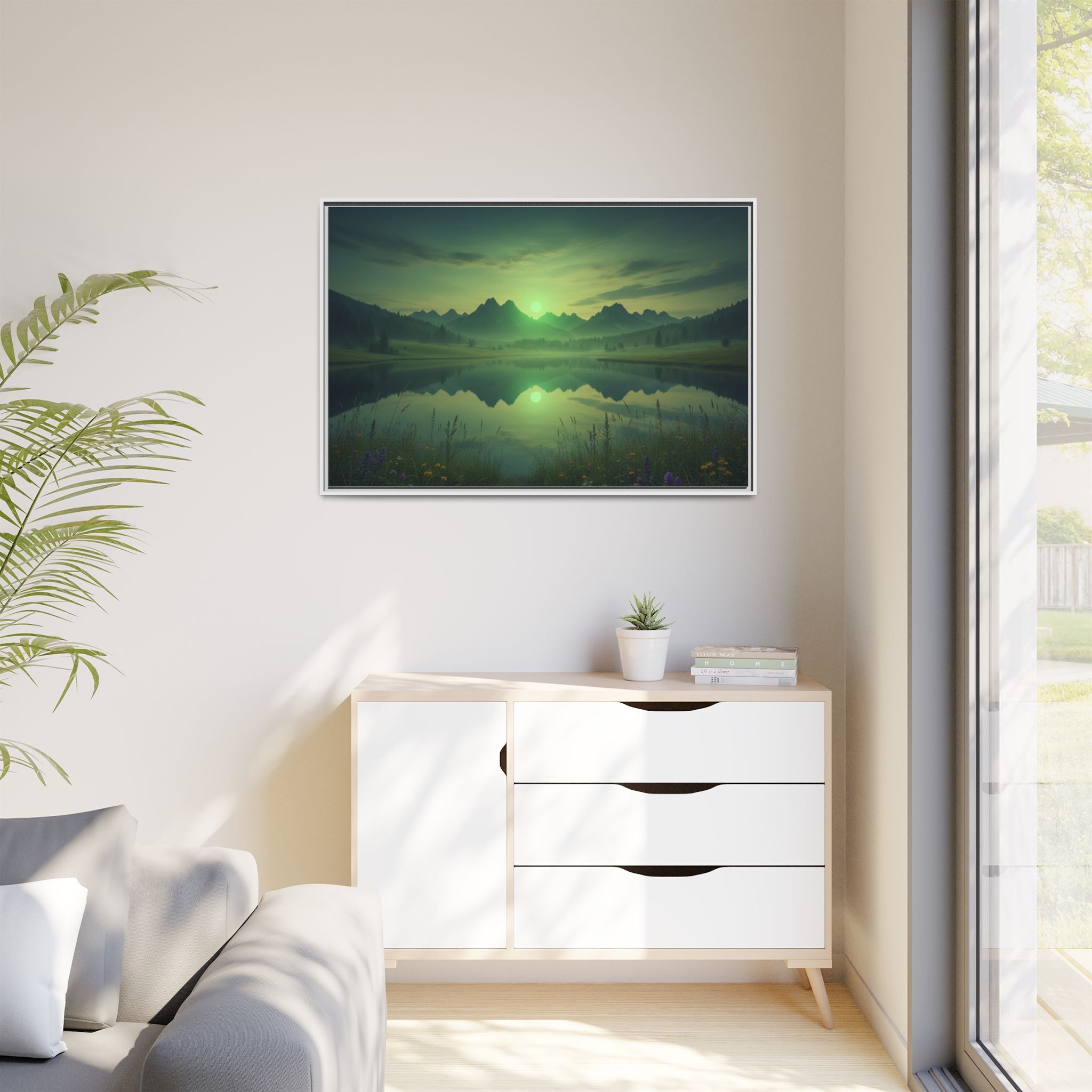 Framed Matte Canvas Print — Serene Green Mountain Lake Landscape
