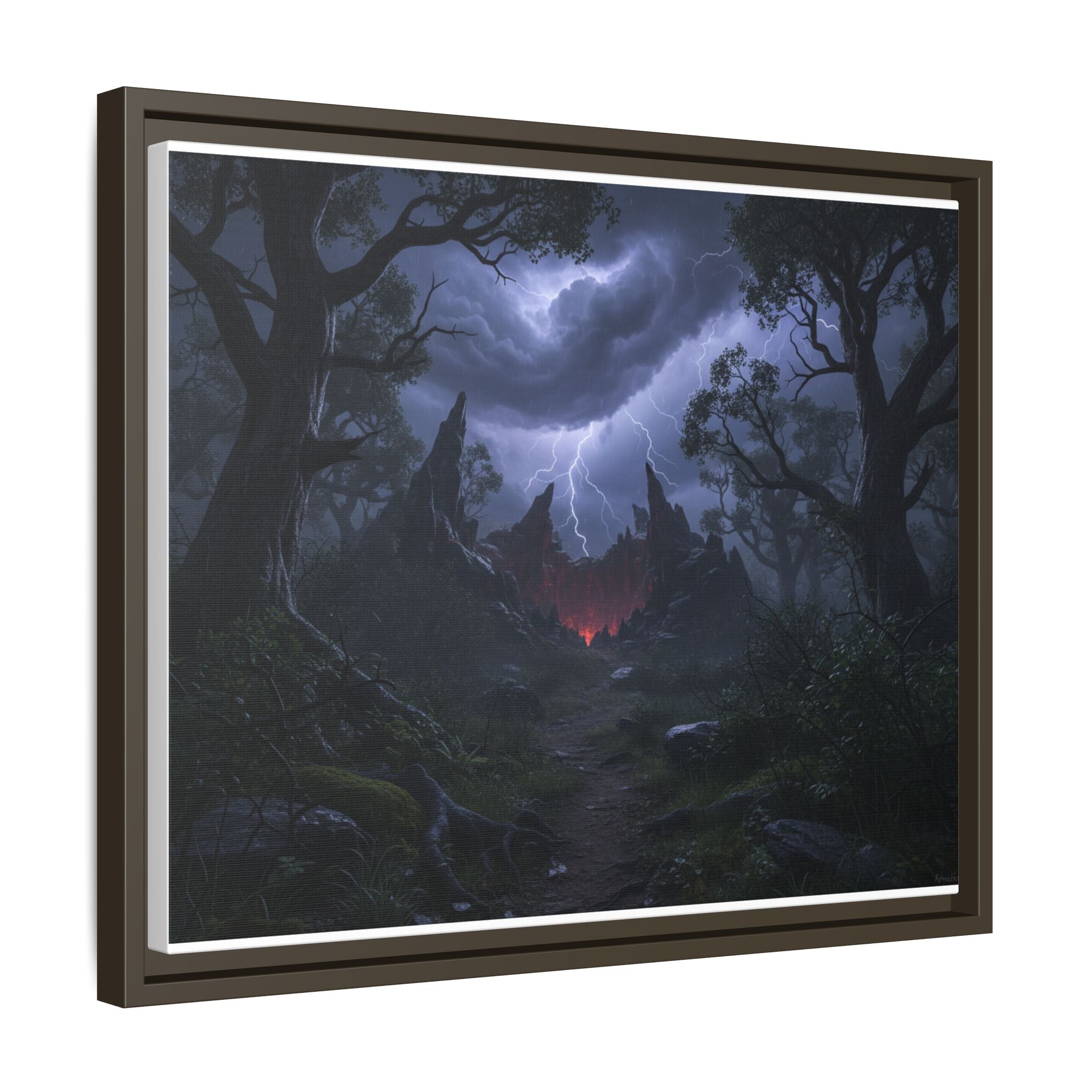 Dark Storm Forest Framed Canvas Print — Lightning, Haunted Castle Art