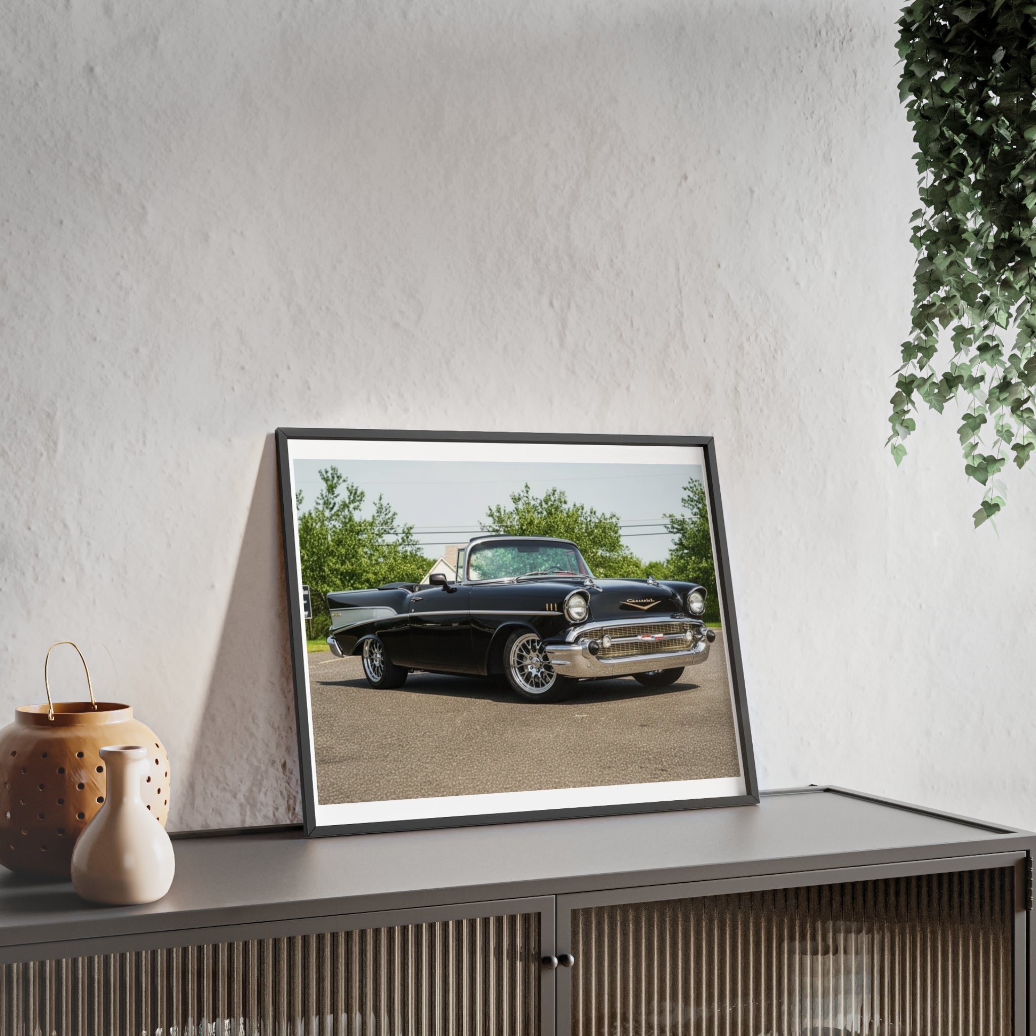Classic Black 1957 Chevy Poster with Wooden Frame — Vintage Car Wall Art