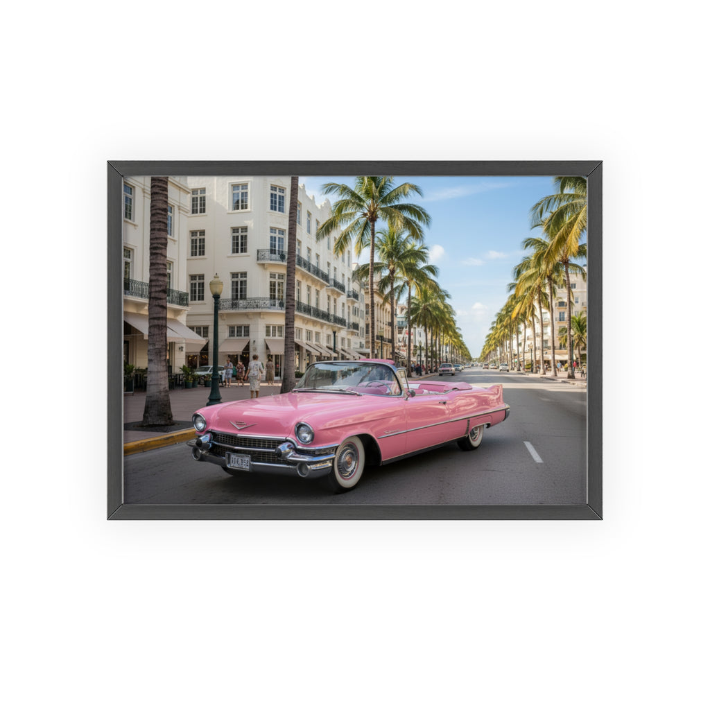 Vintage Pink Cadillac Wall Poster with Wooden Frame — Retro Miami Palm Street Photography