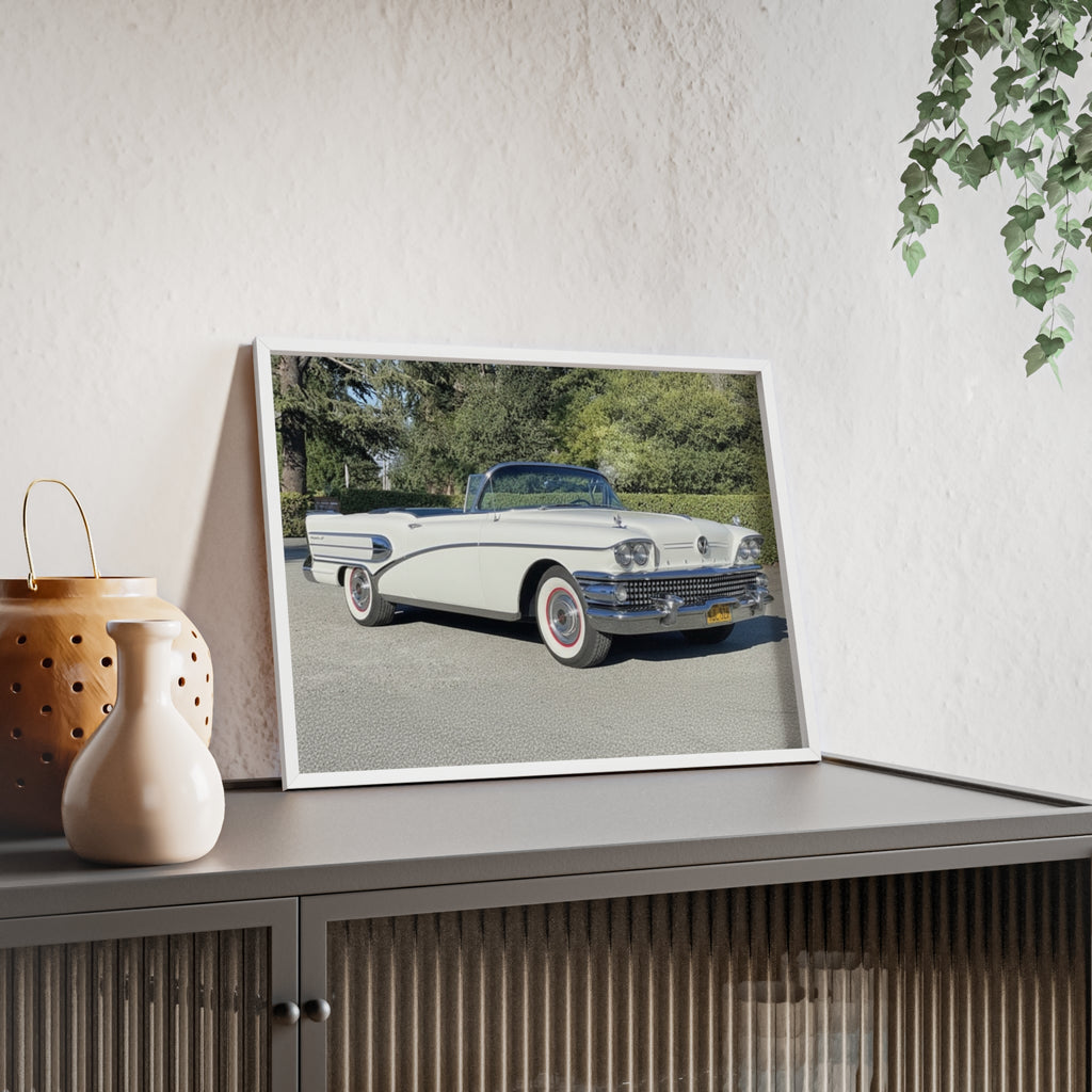 Classic White Convertible Car Poster with Wooden Frame — Vintage Auto Wall Art