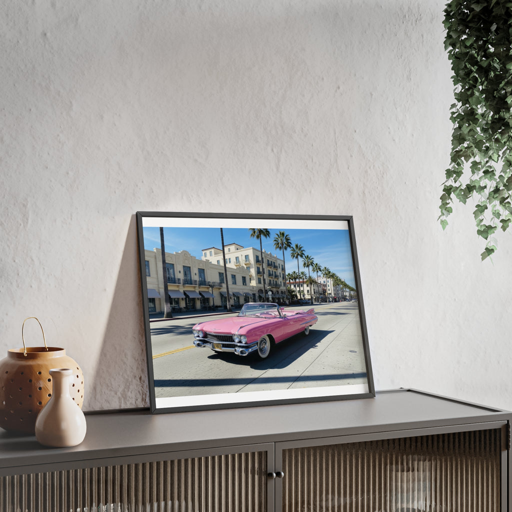 Retro Pink Cadillac Poster with Wooden Frame — Vintage Palm-Drive Wall Art