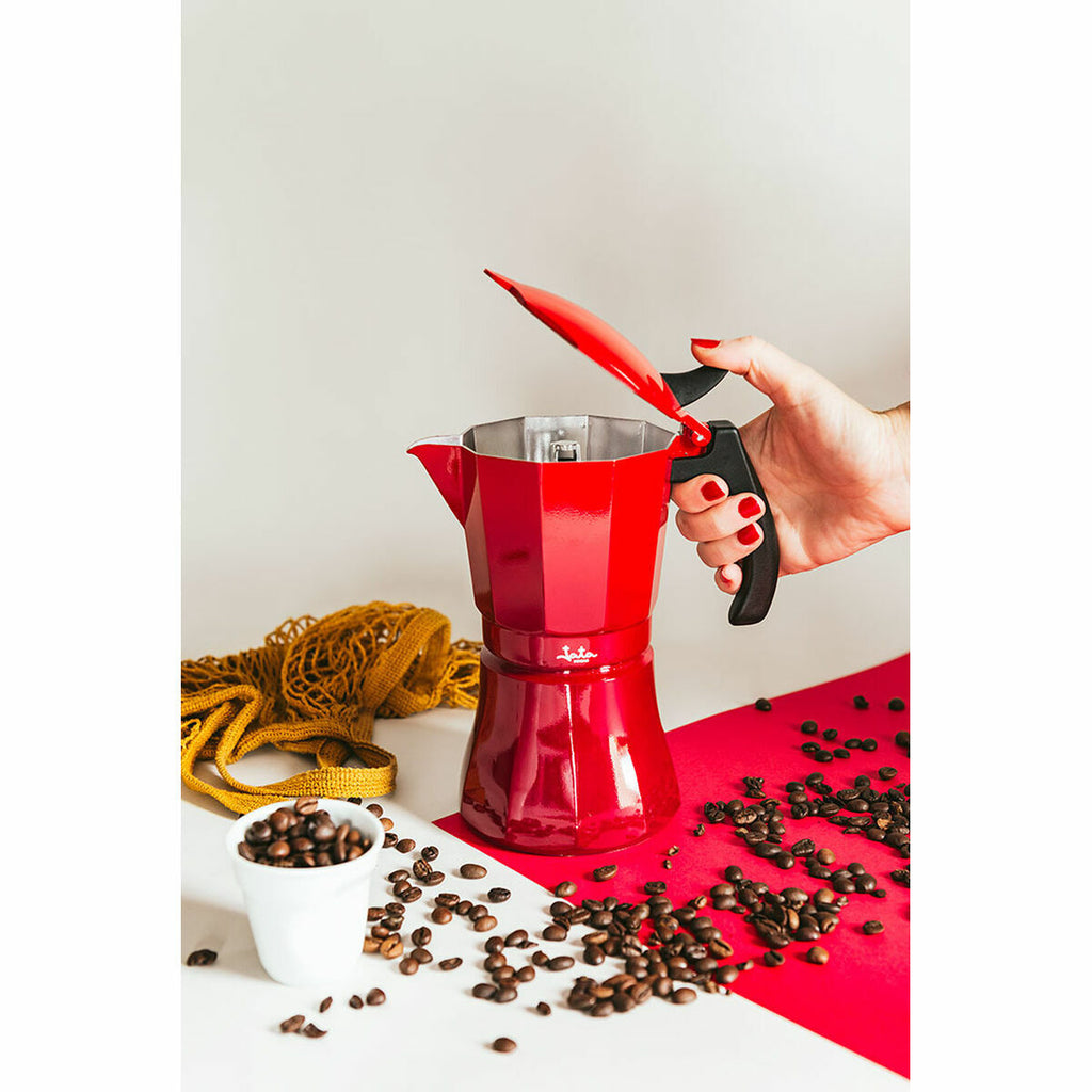 Italian Coffee Pot JATA Cafetera de inducción roja vulcano Red Aluminium 12 Cups (1 Unit)-1