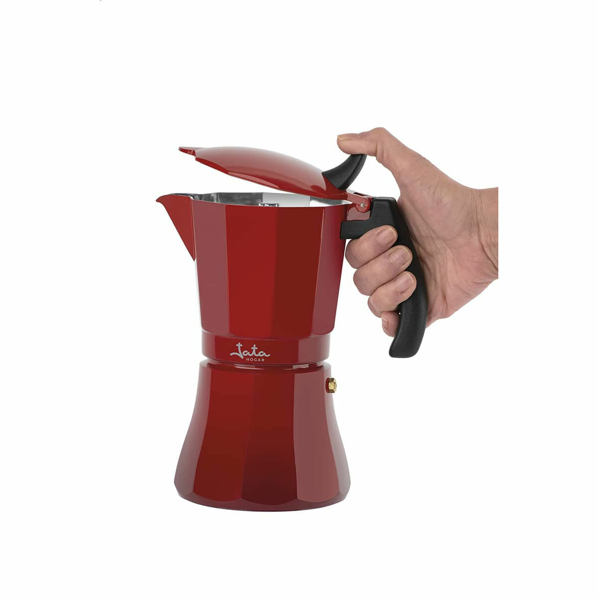 Italian Coffee Pot JATA Cafetera de inducción roja vulcano Red Aluminium 12 Cups (1 Unit)-4