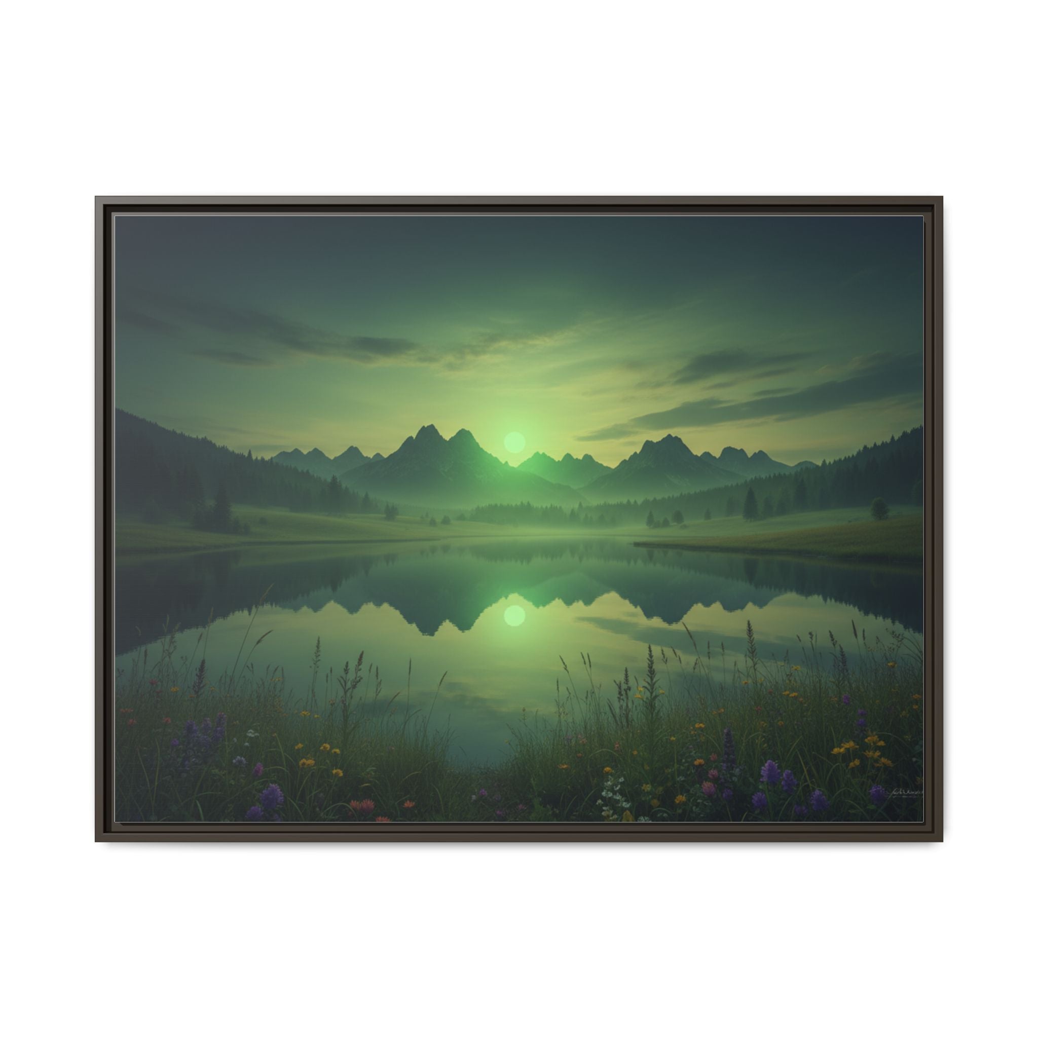 Framed Matte Canvas Print — Serene Green Mountain Lake Landscape