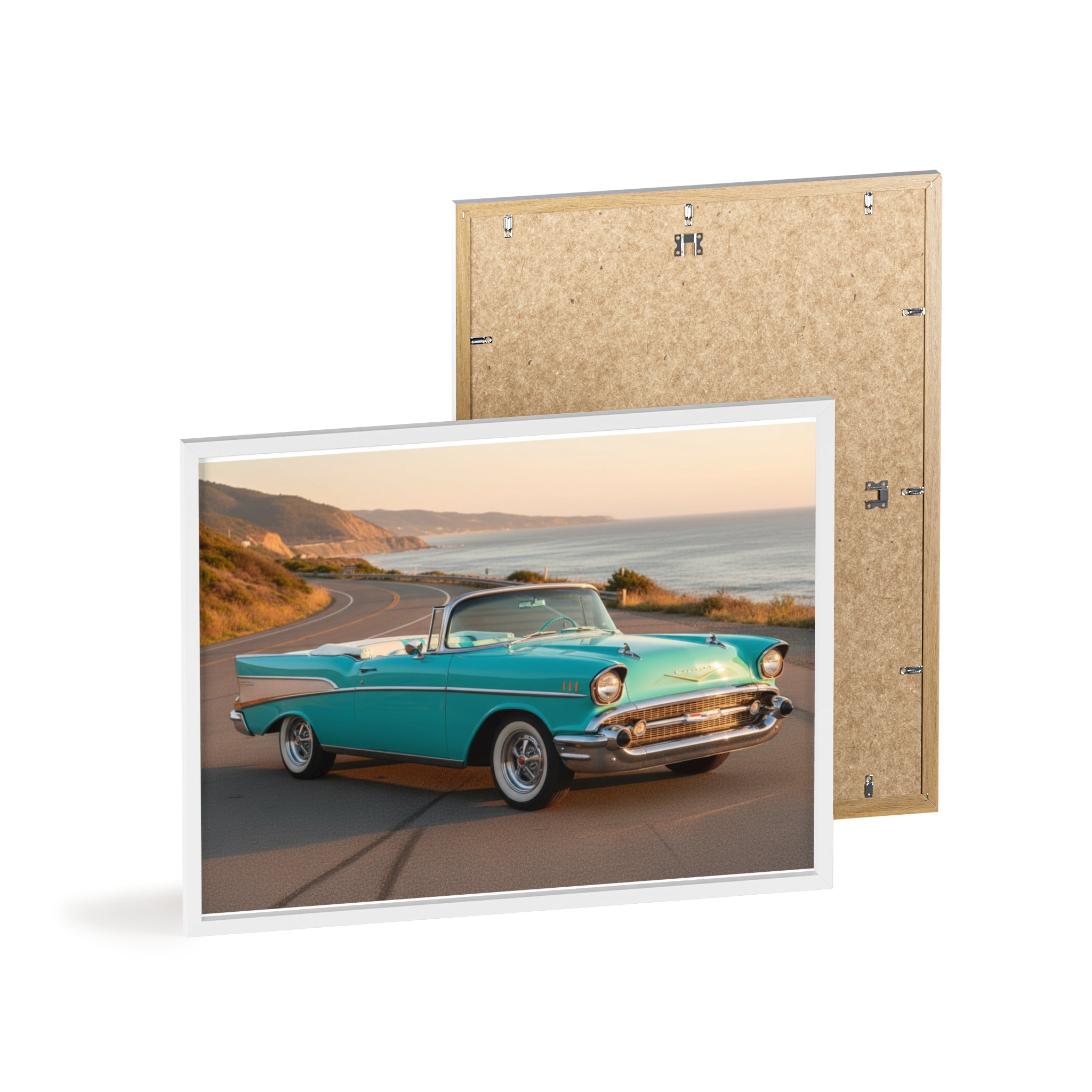 Vintage Teal Classic Car Poster with Wooden Frame — Coastal Road Print