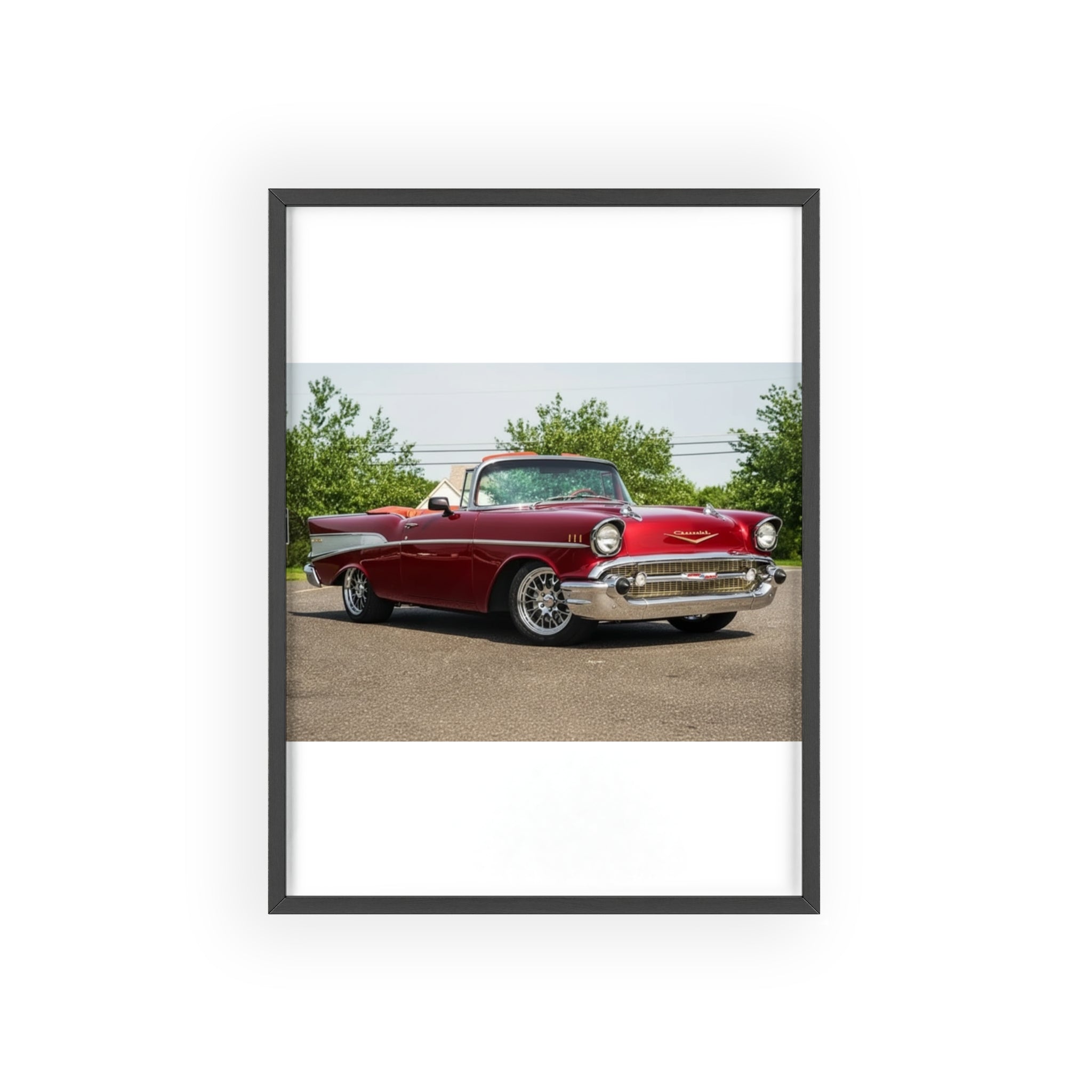 Classic Red Chevy Poster with Wooden Frame — Vintage Car Wall Art for Garage, Man Cave, Auto Enthusiasts