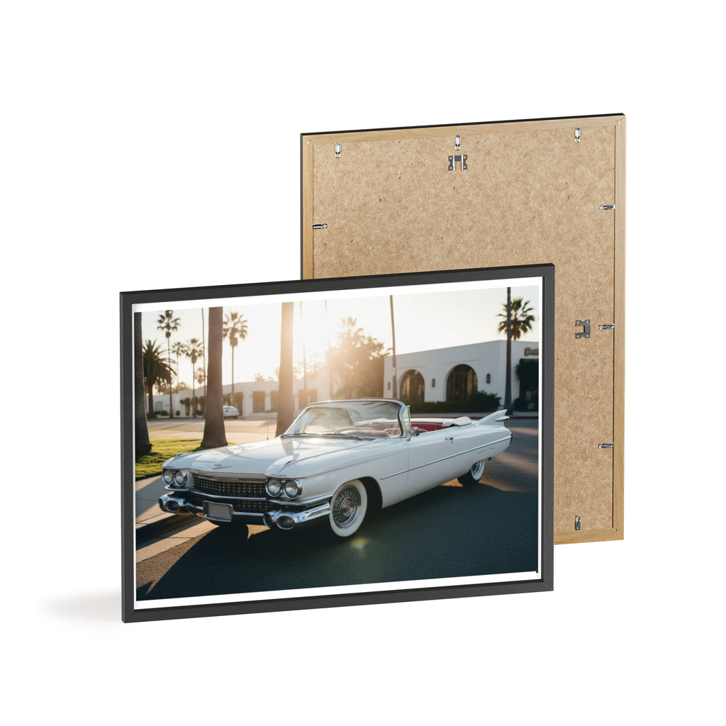 Vintage Cadillac Convertible Poster with Wooden Frame — Retro Palm Trees Sunset Wall Art