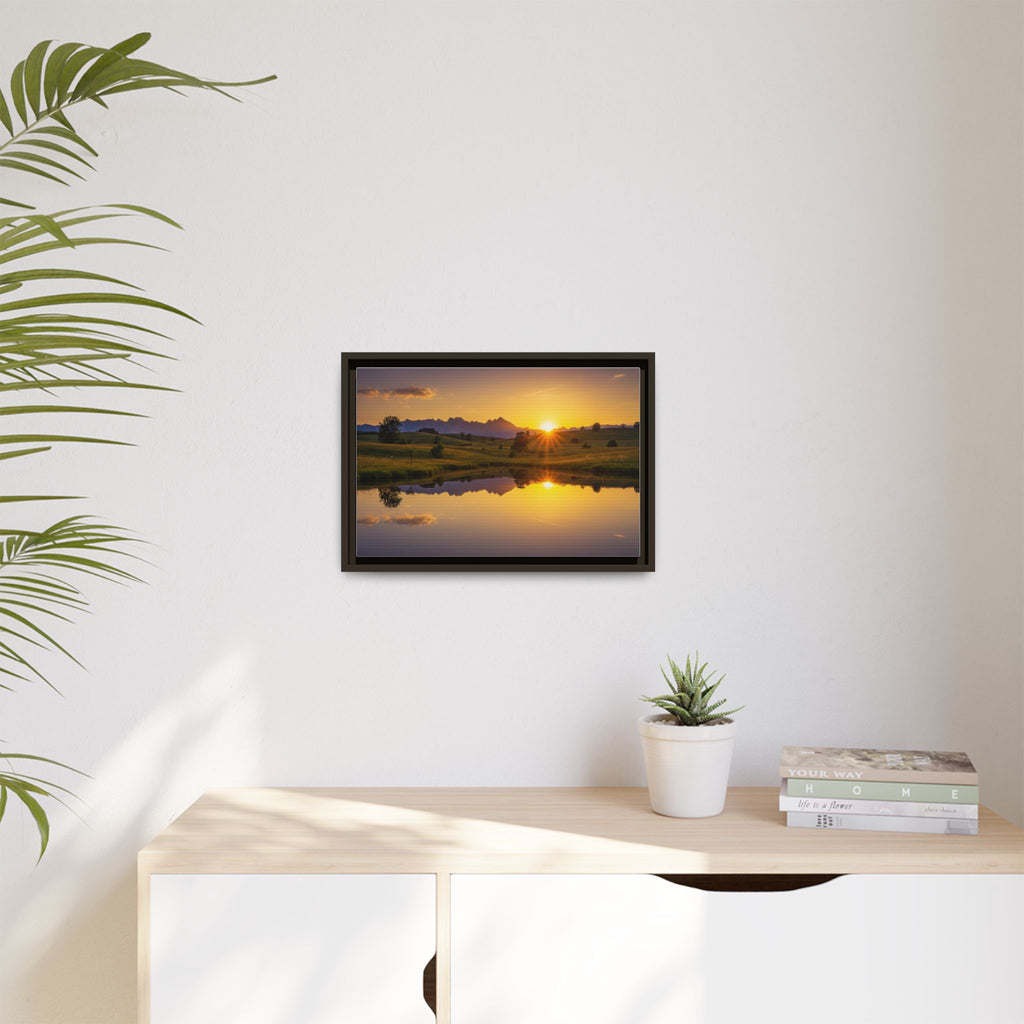 Framed Matte Canvas Sunset Landscape — Serene Lake Reflection Wall Art