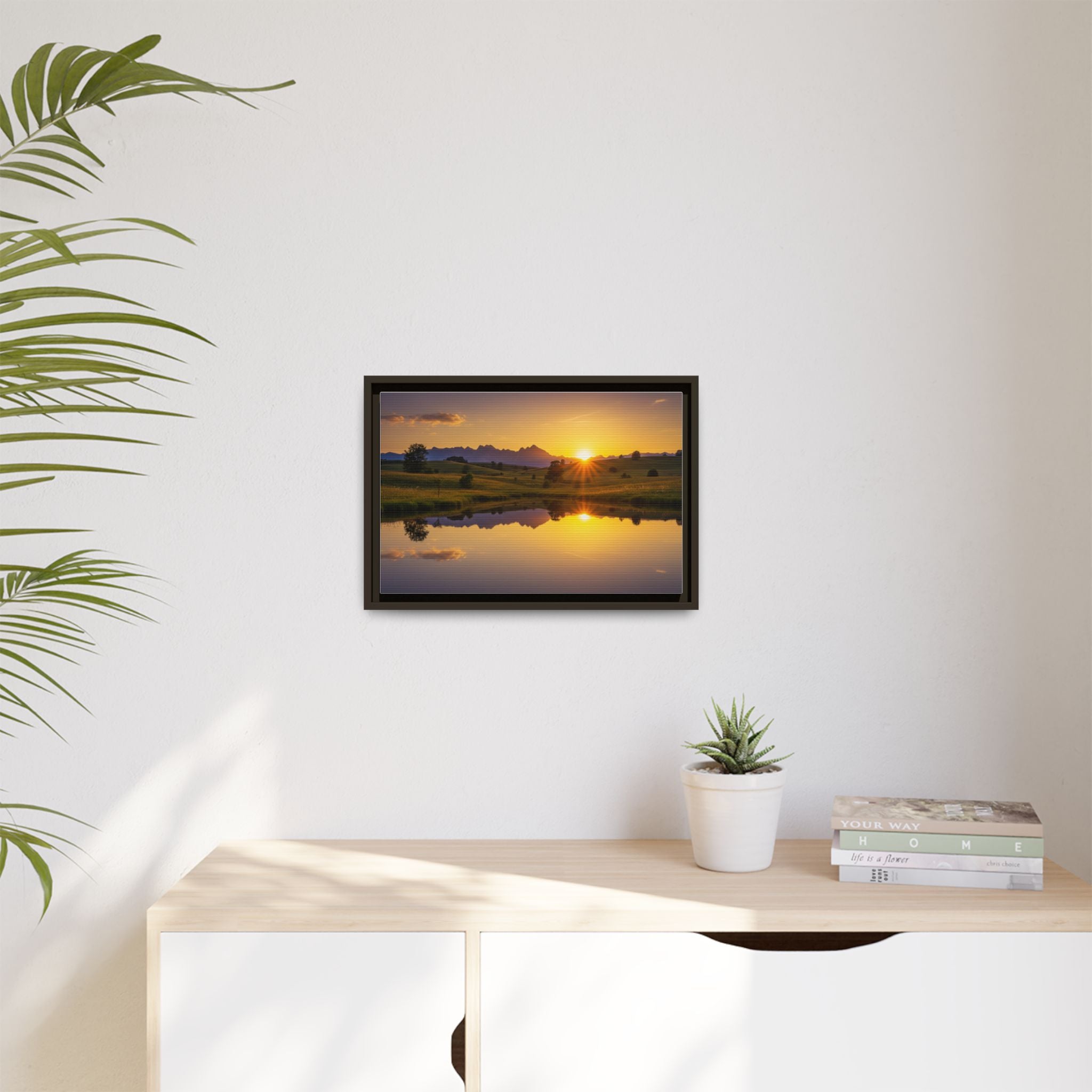 Framed Matte Canvas Sunset Landscape — Serene Lake Reflection Wall Art