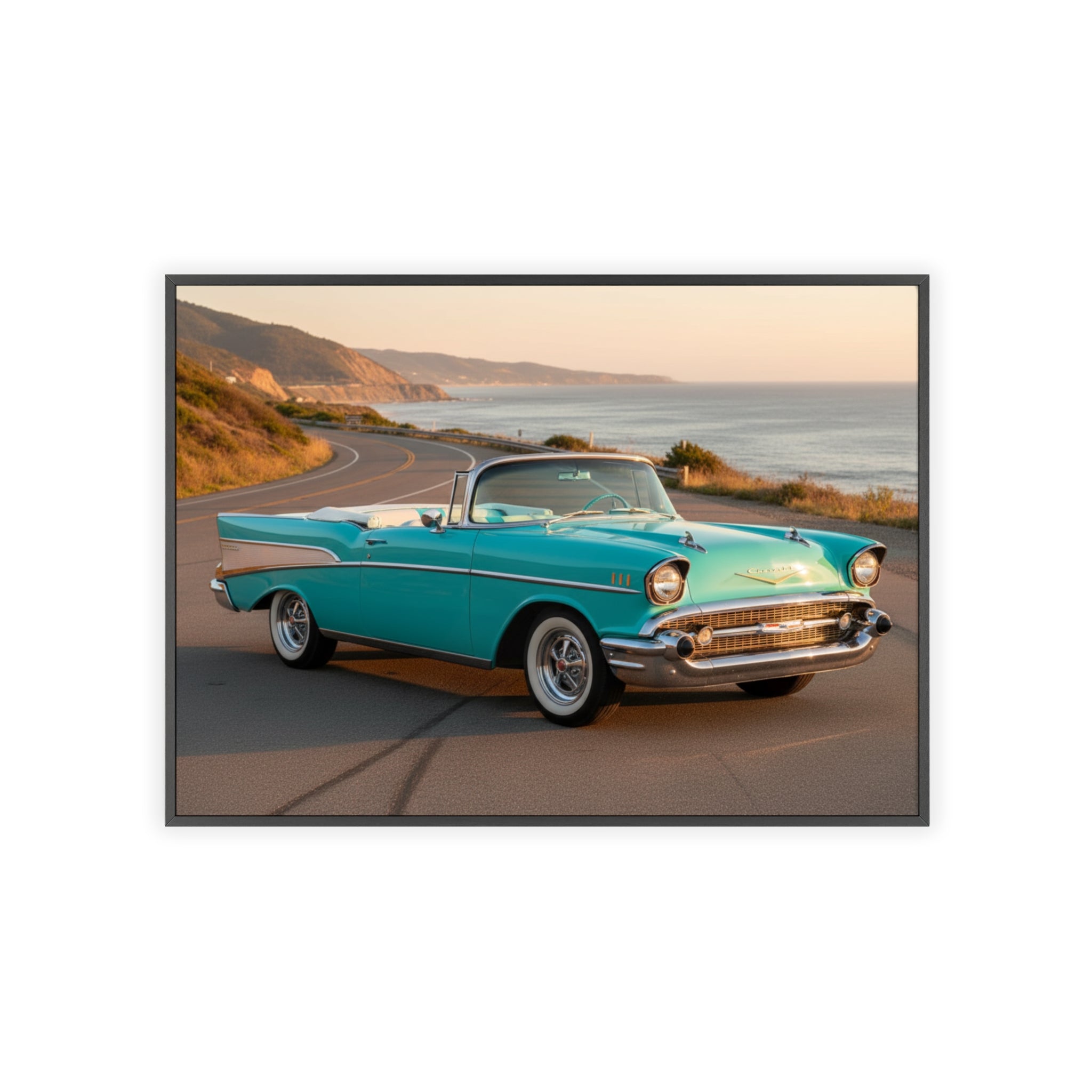 Vintage Teal Classic Car Poster with Wooden Frame — Coastal Road Print