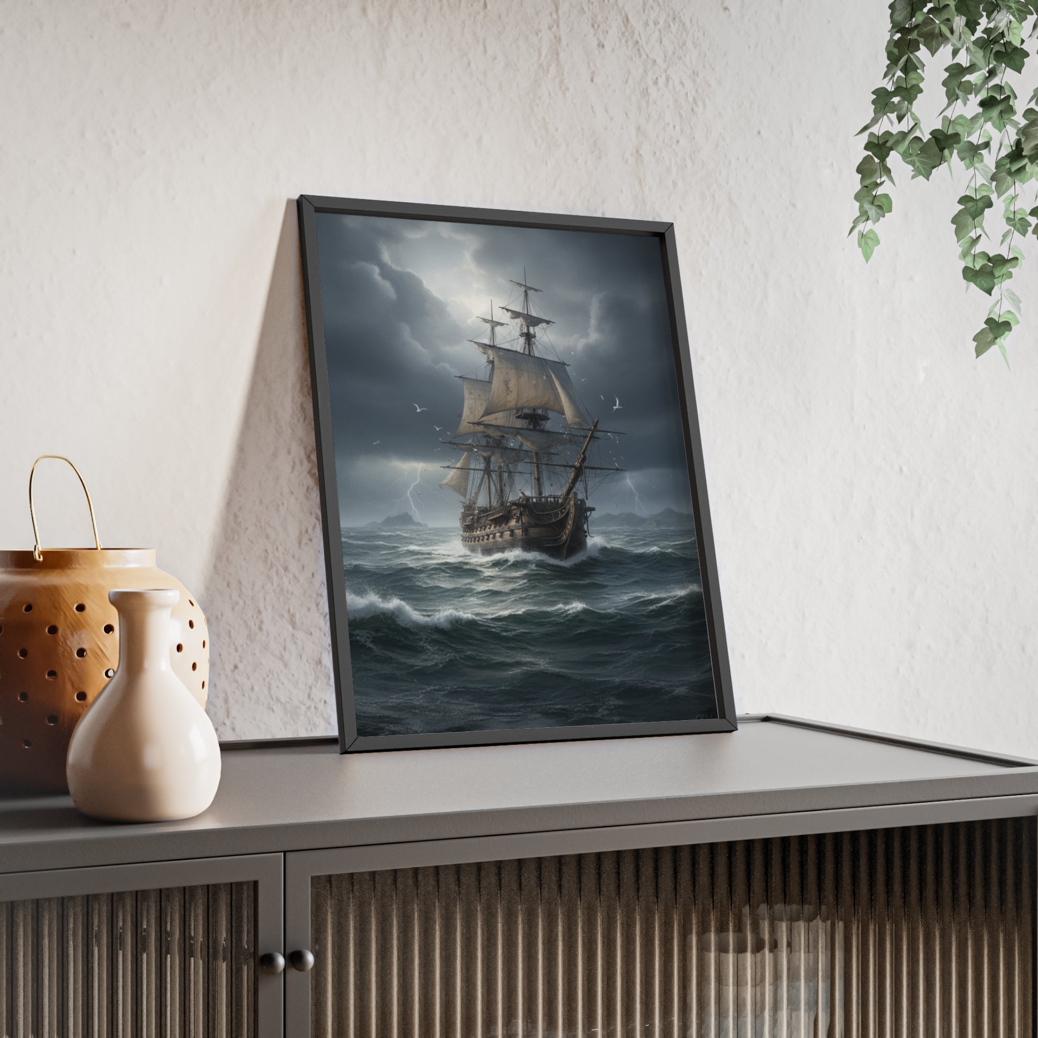 Framed Stormy Sea Ship Poster — Nautical Wall Art with Wooden Frame