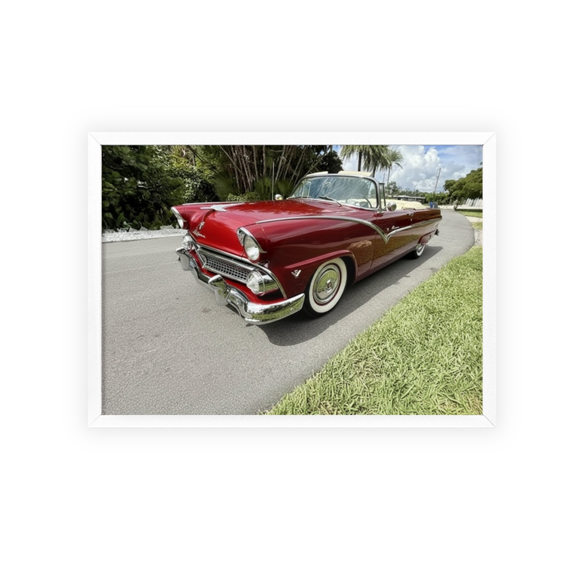 Vintage Red Convertible Poster with Wooden Frame — Classic Car Wall Art