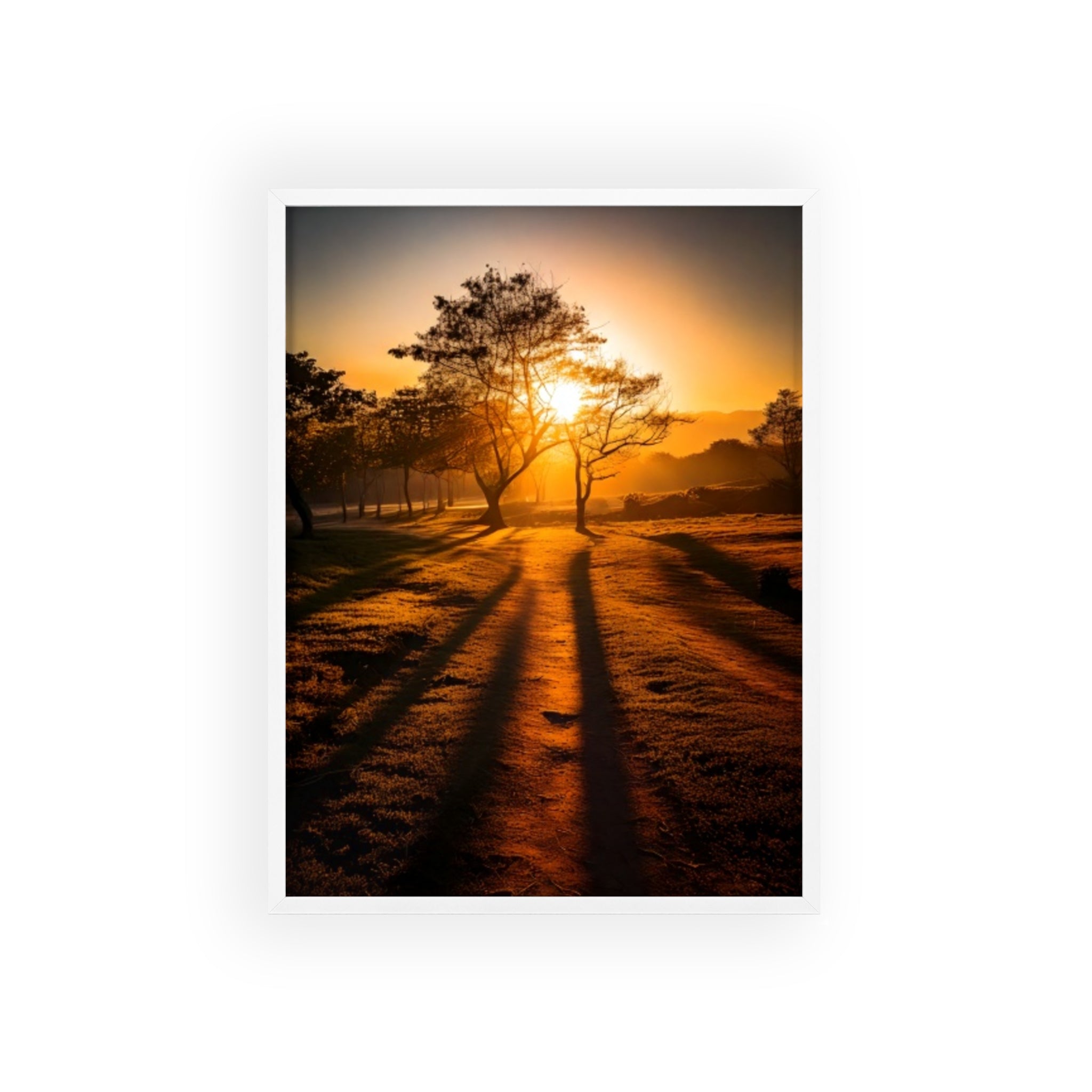 Sunrise Forest Poster — Framed Wooden Wall Art (Sunlit Trees)