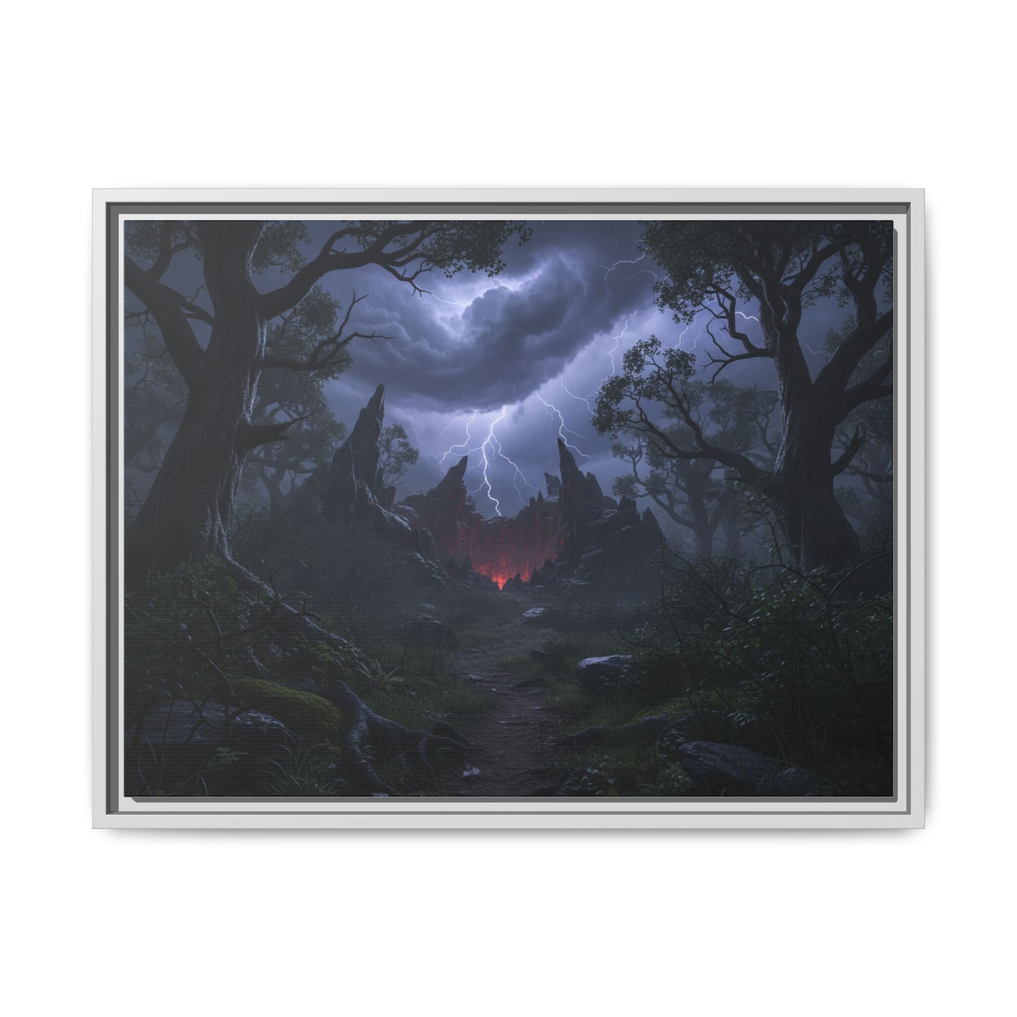 Dark Storm Forest Framed Canvas Print — Lightning, Haunted Castle Art