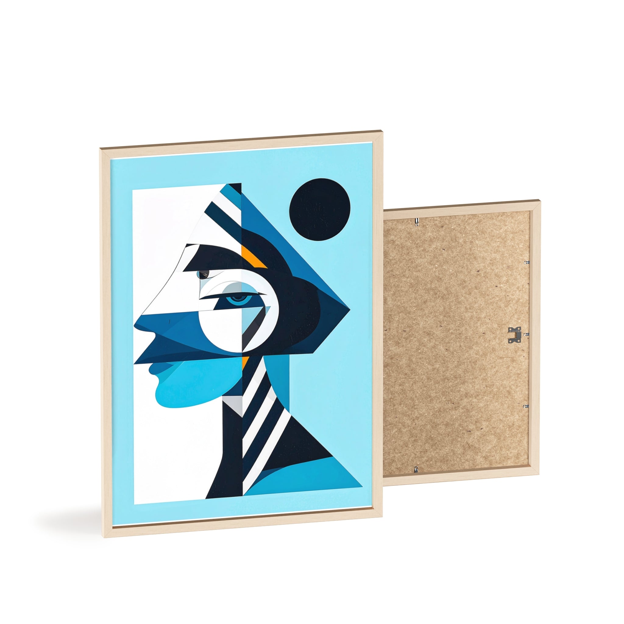 Abstract Geometric Portrait Poster with Wooden Frame — Blue Modern Wall Art