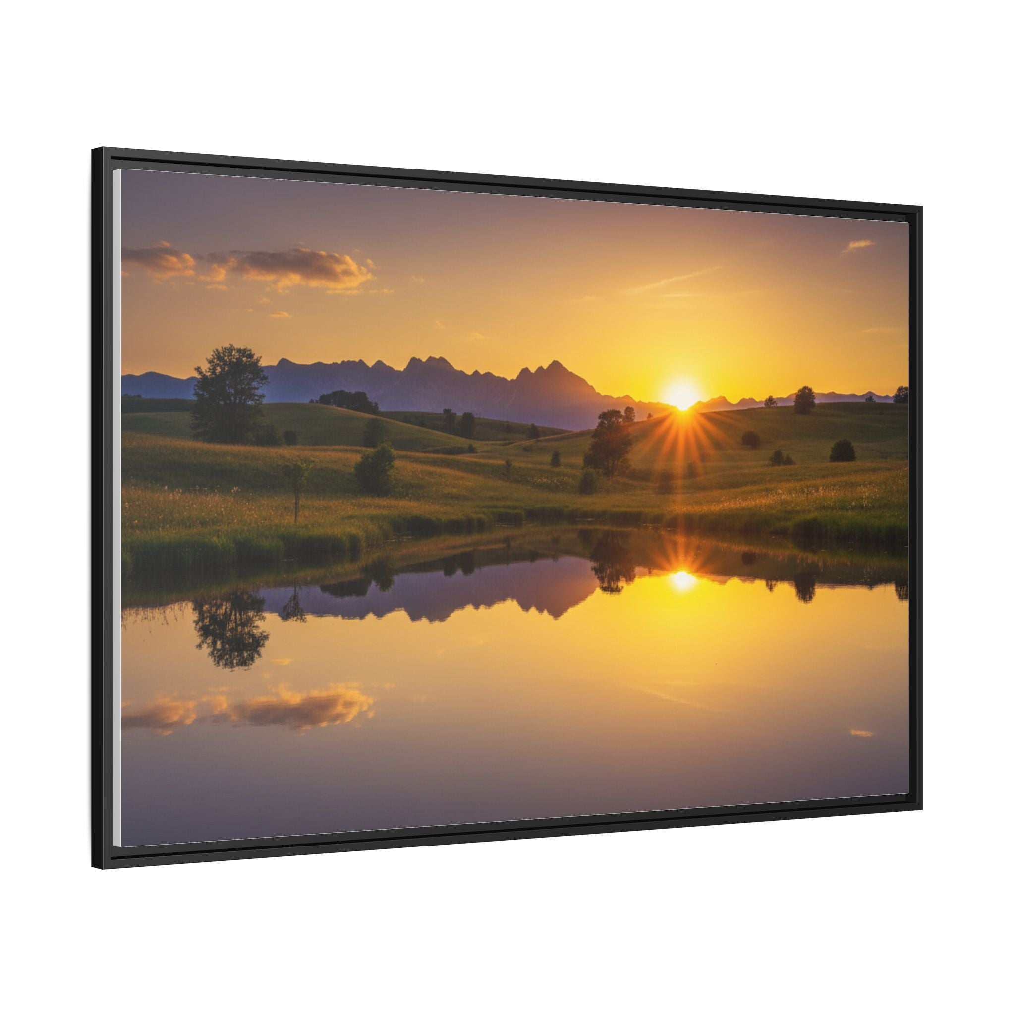 Framed Matte Canvas Sunset Landscape — Serene Lake Reflection Wall Art