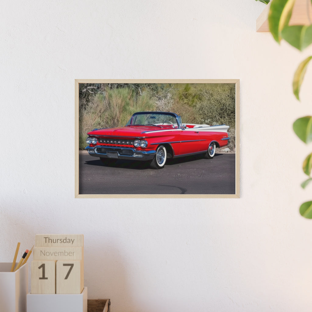 Vintage Red Convertible Car Poster with Wooden Frame — Classic Auto Wall Art