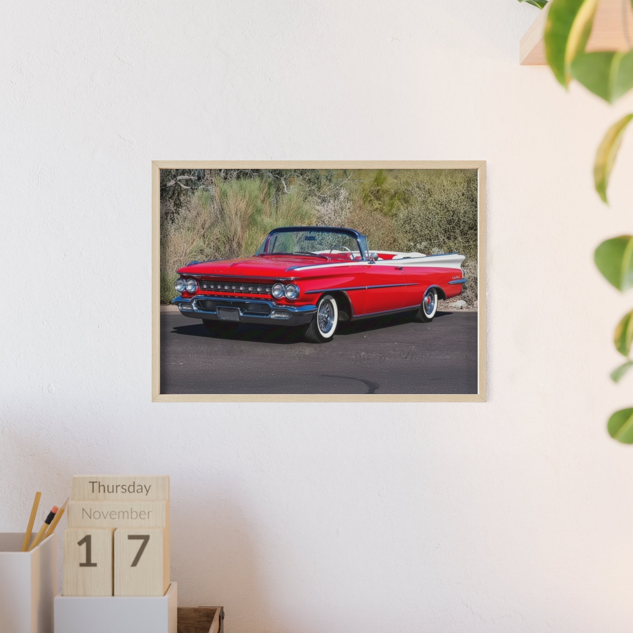 Vintage Red Convertible Car Poster with Wooden Frame — Classic Auto Wall Art