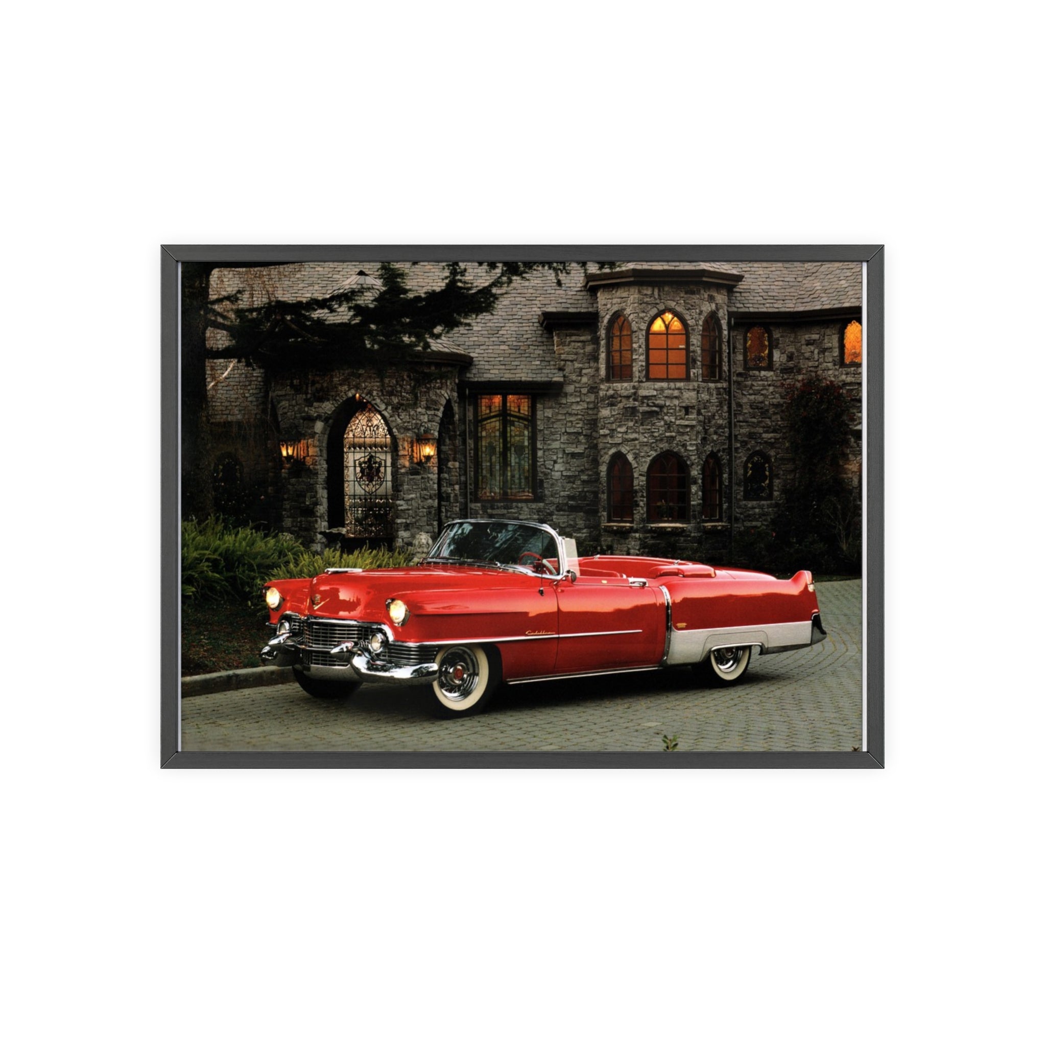 Vintage Red Convertible Poster with Wooden Frame — Classic Car Wall Art