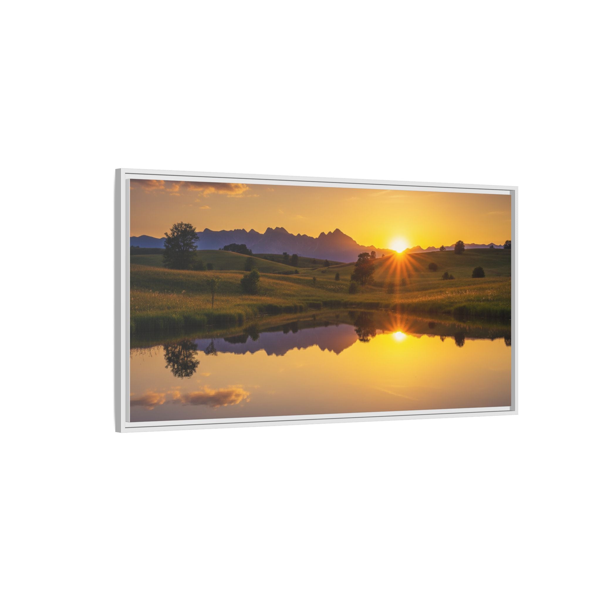 Framed Matte Canvas Sunset Landscape — Serene Lake Reflection Wall Art