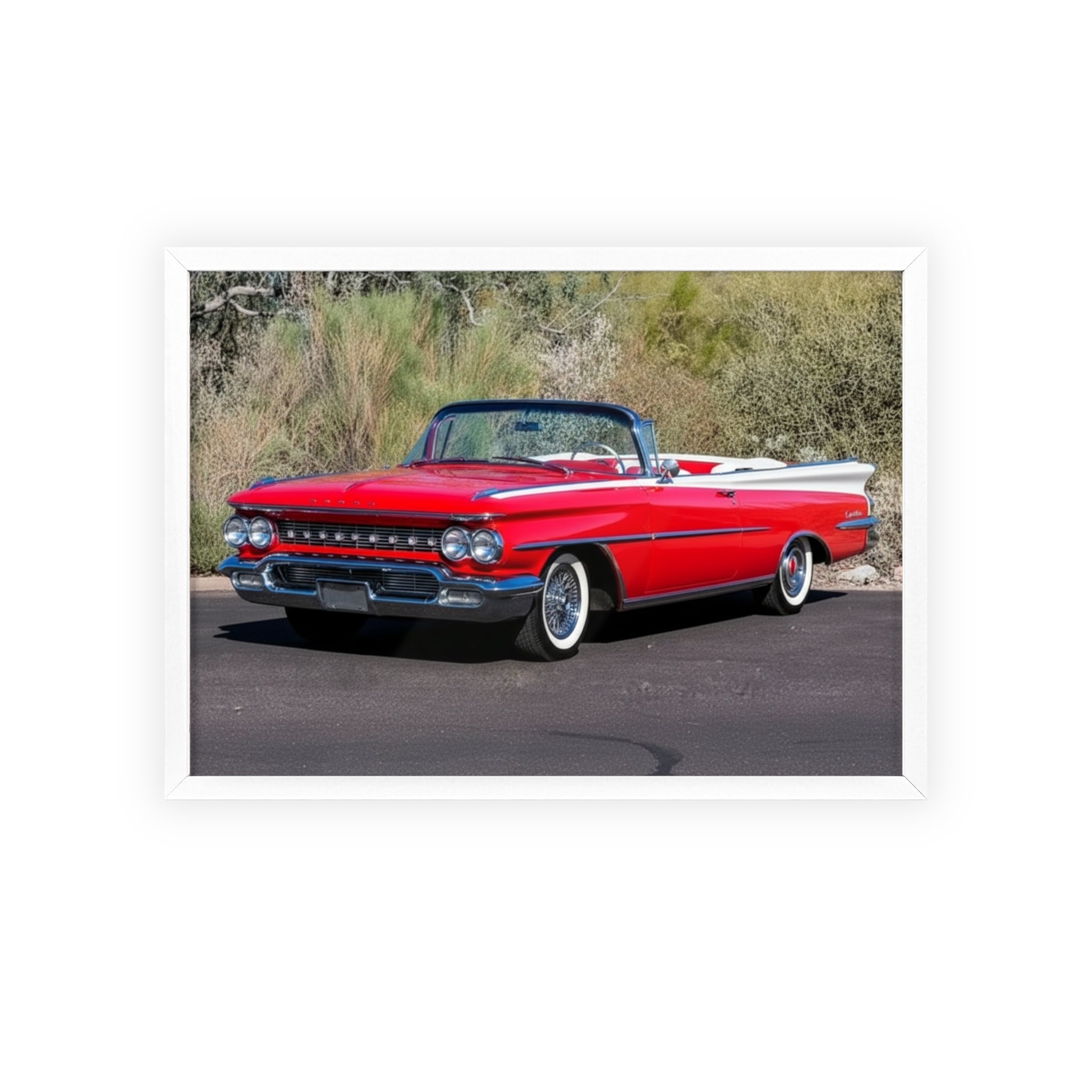 Vintage Red Convertible Car Poster with Wooden Frame — Classic Auto Wall Art