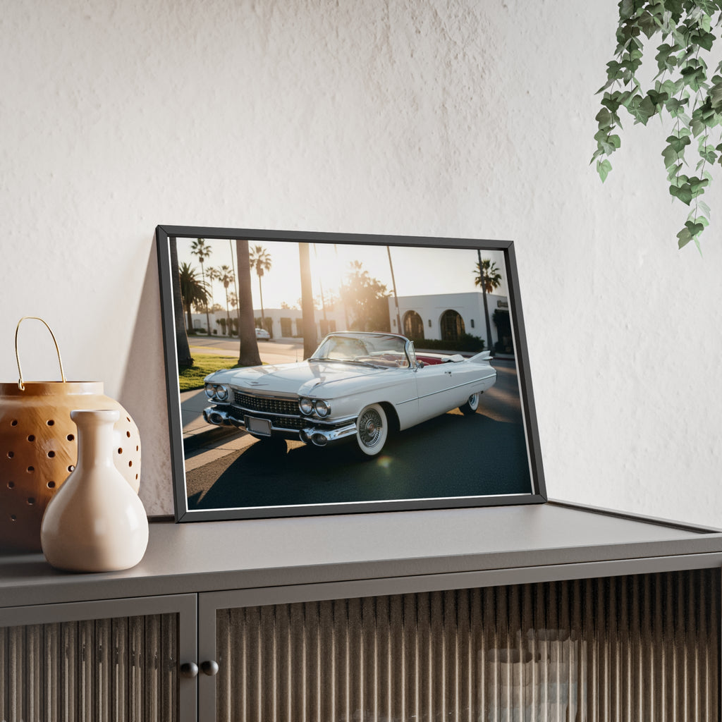 Vintage Cadillac Convertible Poster with Wooden Frame — Retro Palm Trees Sunset Wall Art