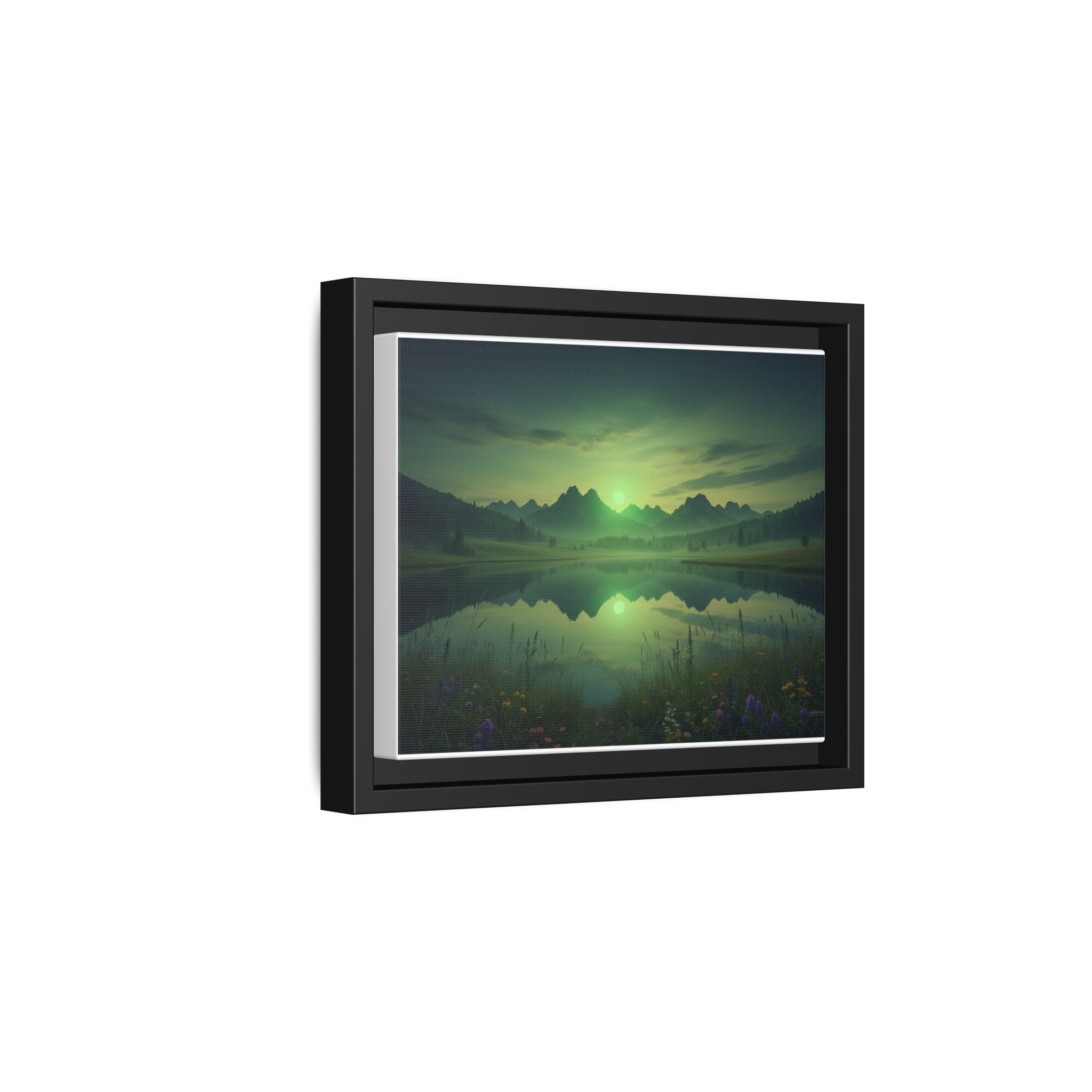 Framed Matte Canvas Print — Serene Green Mountain Lake Landscape