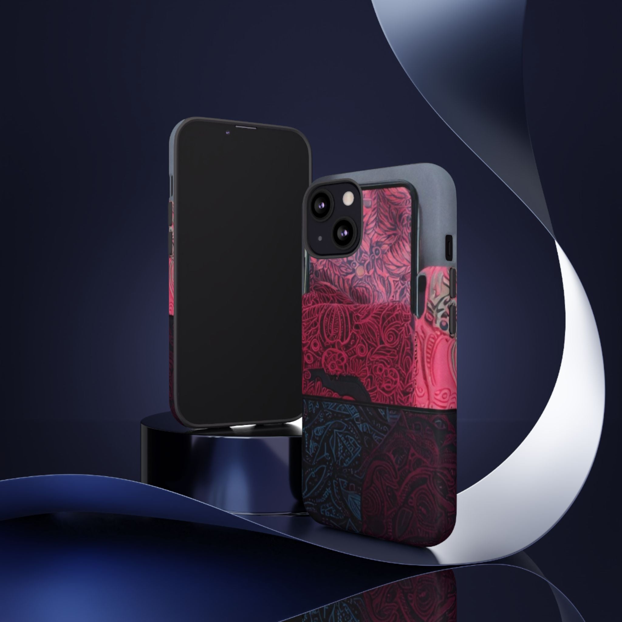 Floral Patchwork Tough Phone Case — Pink & Navy Doodle Design