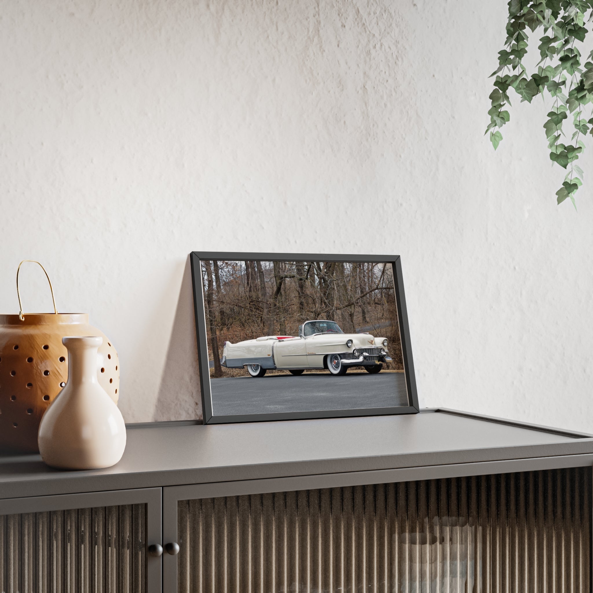 Vintage 1950s White Cadillac Poster with Wooden Frame - Classic Car Wall Art