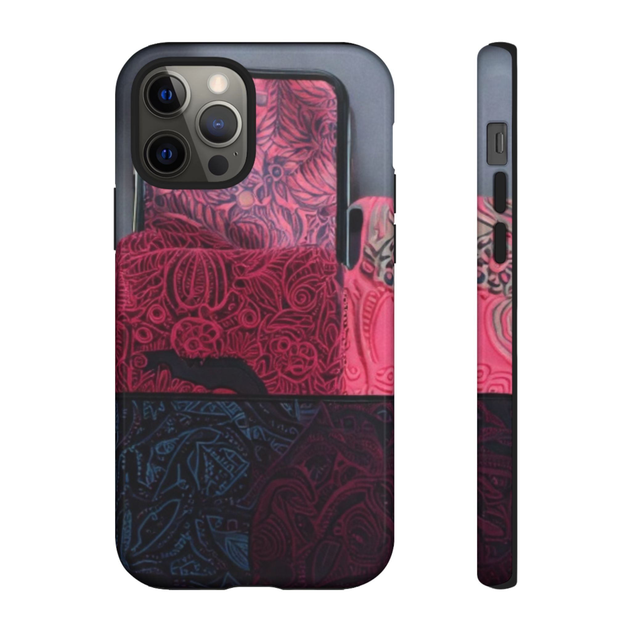Floral Patchwork Tough Phone Case — Pink & Navy Doodle Design